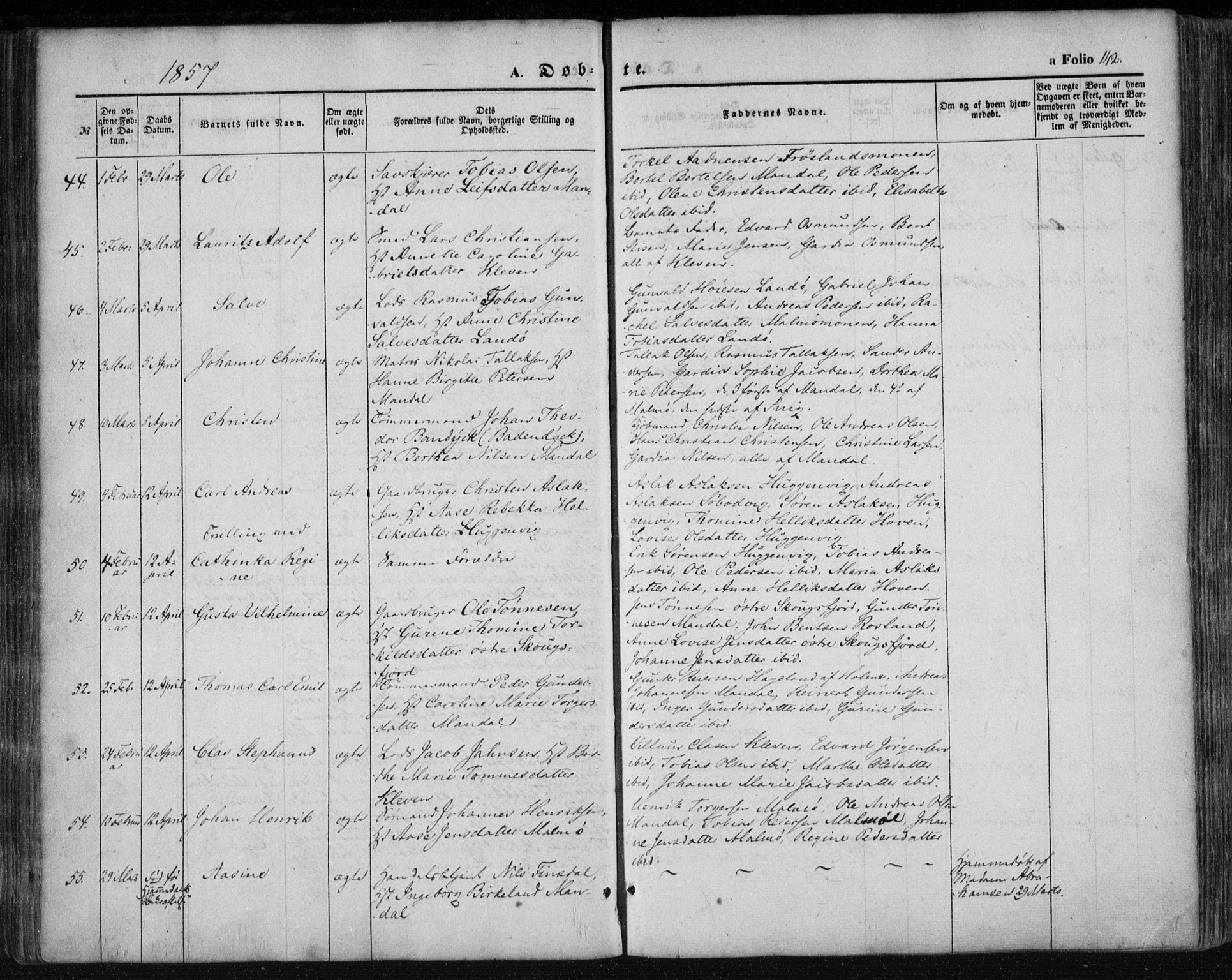 Mandal sokneprestkontor, SAK/1111-0030/F/Fa/Faa/L0013: Parish register (official) no. A 13, 1847-1859, p. 142