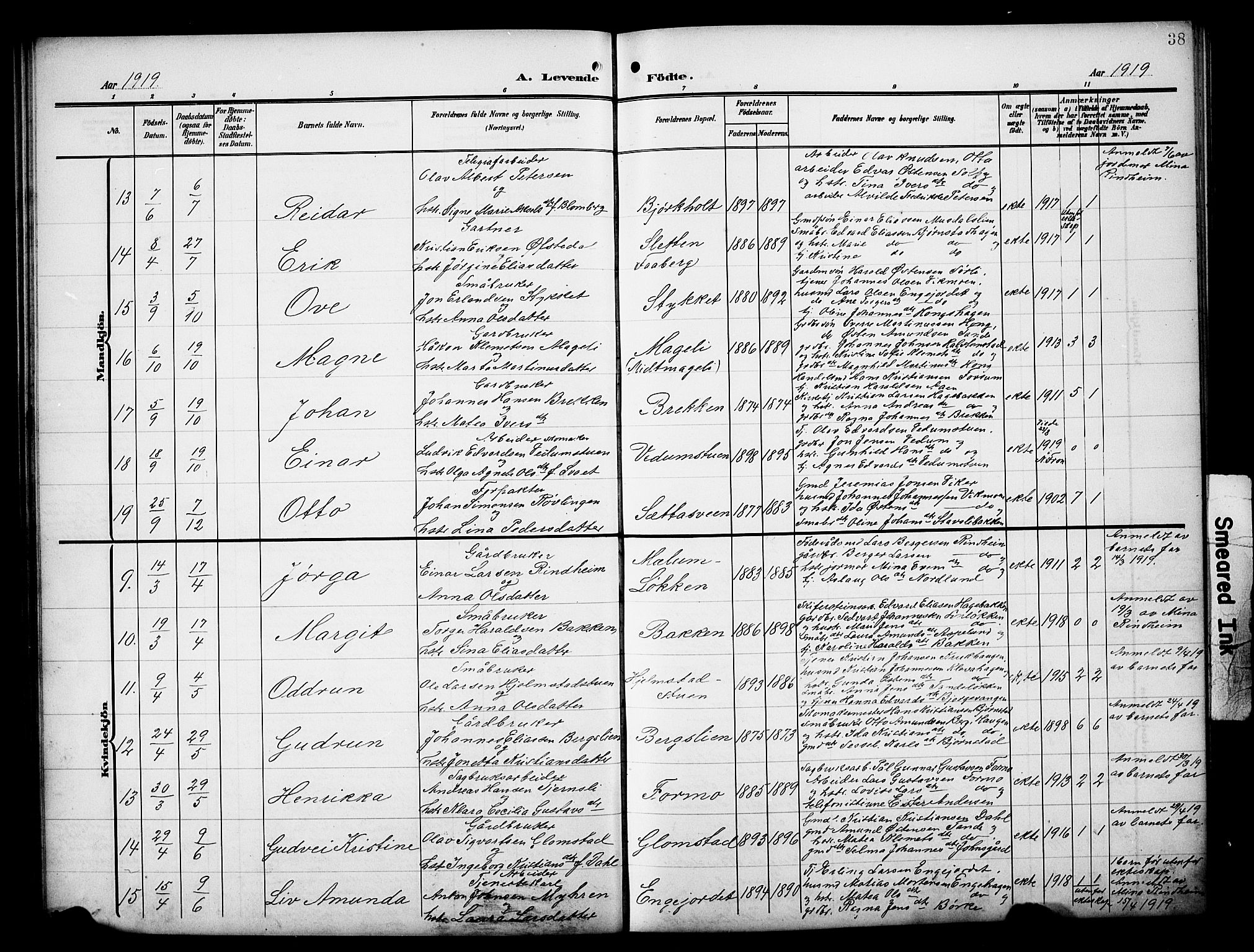 Øyer prestekontor, AV/SAH-PREST-084/H/Ha/Hab/L0006: Parish register (copy) no. 6, 1906-1929, p. 38
