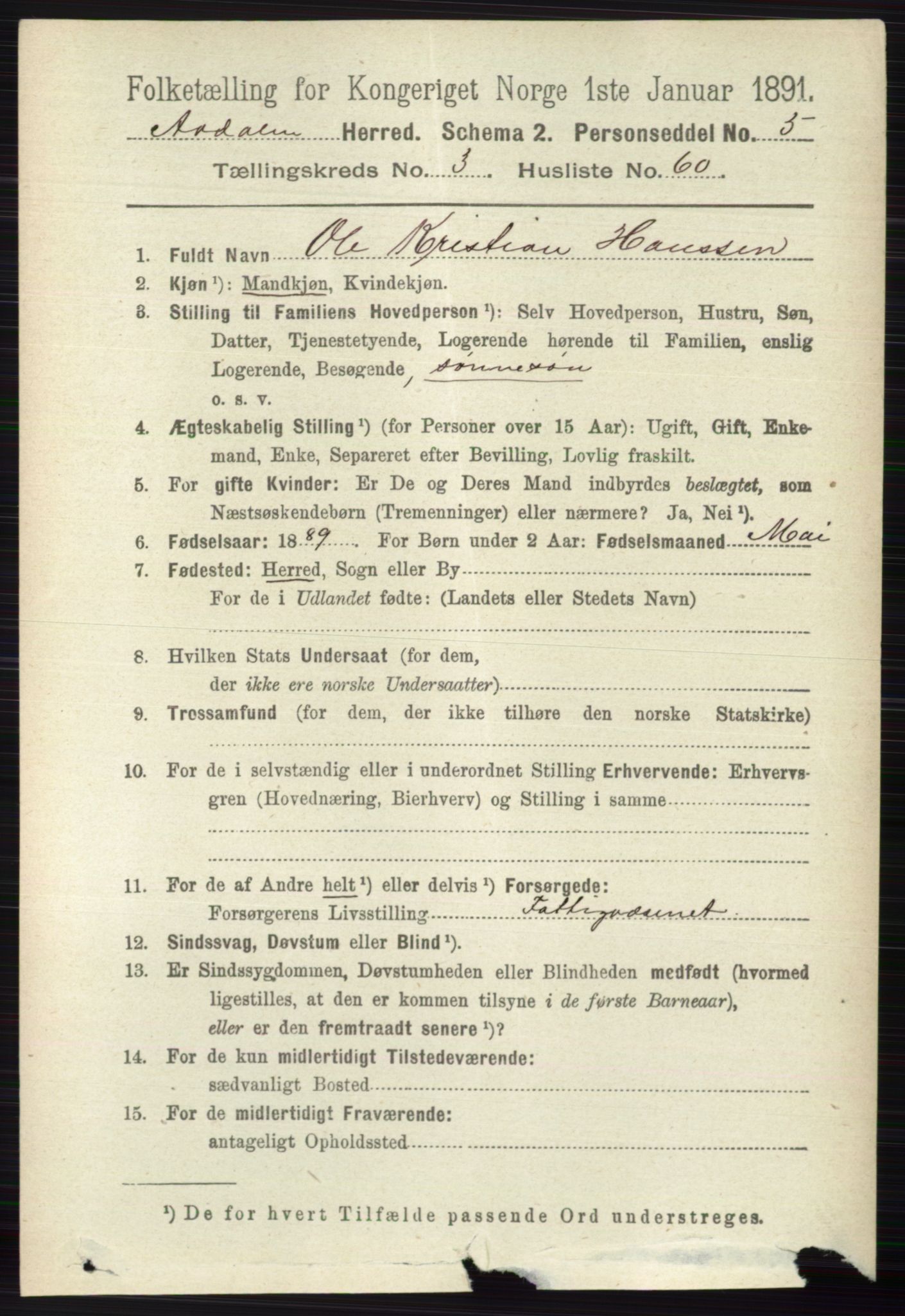 RA, 1891 census for 0614 Ådal, 1891, p. 1448