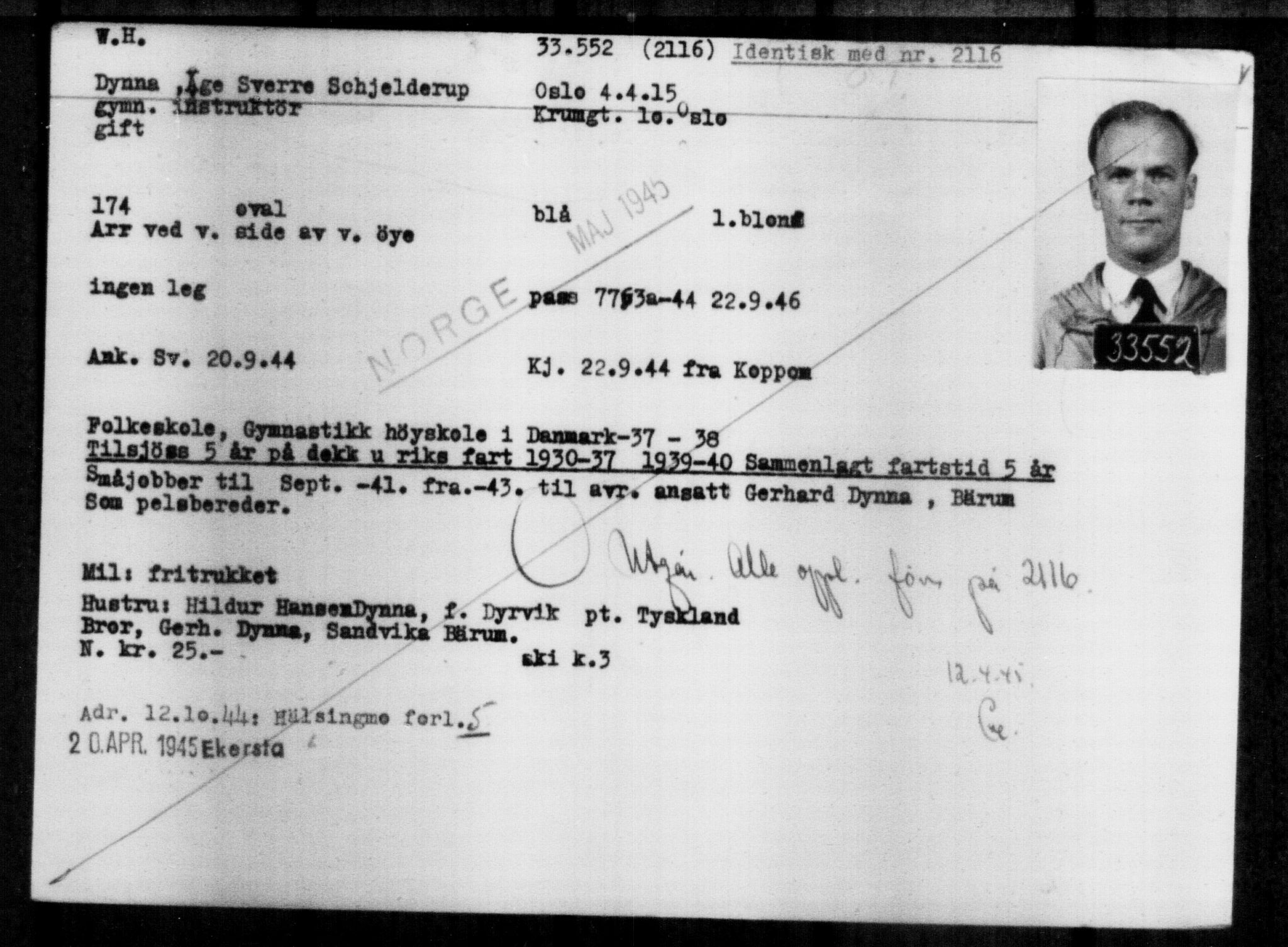 Utenriksstasjonene, Legasjonen i Stockholm, Flyktningkontoret, AV/RA-S-6753/V/Va/L0013: Kjesäterkartoteket, flyktninger med registreringsnr. 31500-34731, 1940-1945, p. 2164
