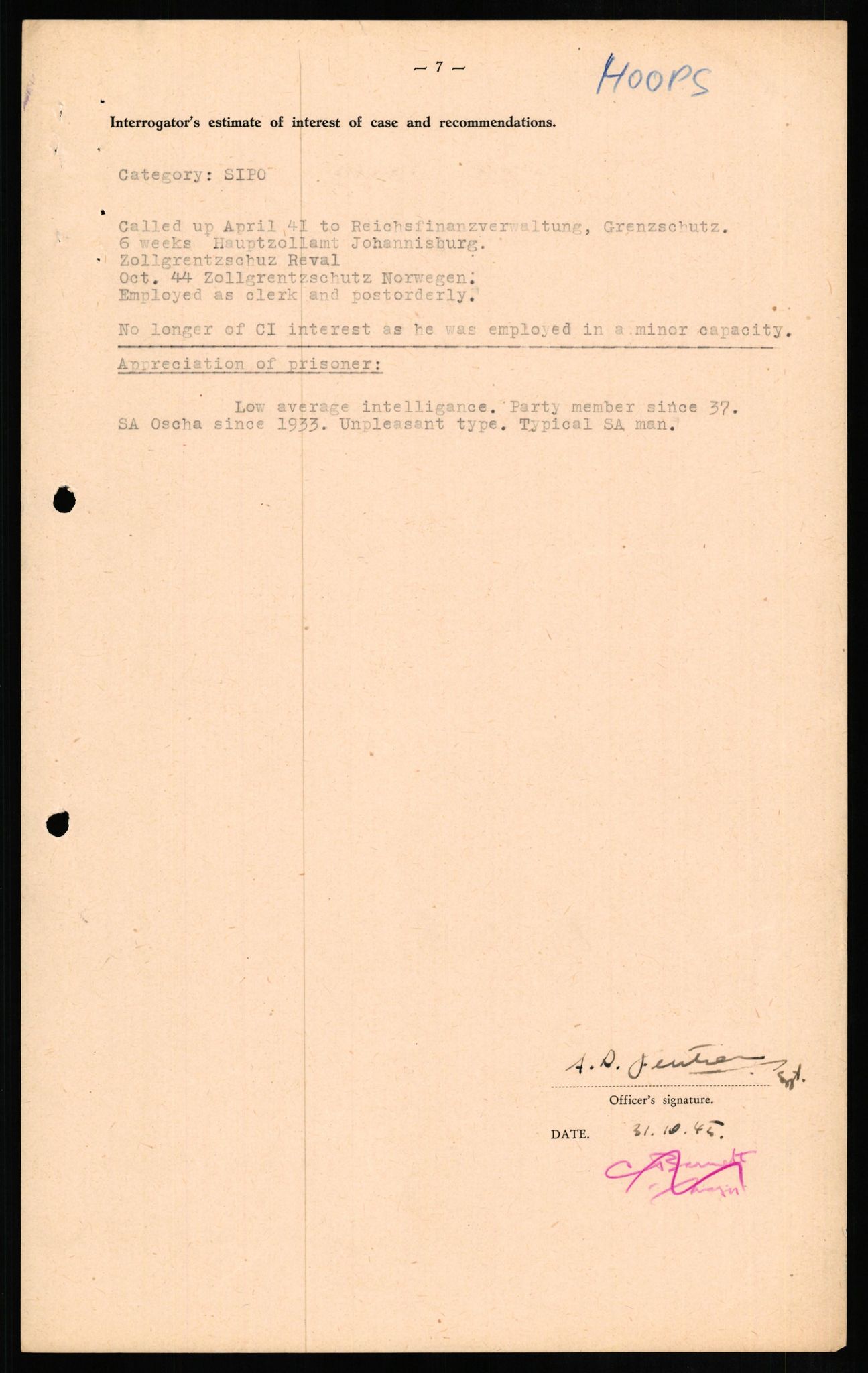 Forsvaret, Forsvarets overkommando II, AV/RA-RAFA-3915/D/Db/L0013: CI Questionaires. Tyske okkupasjonsstyrker i Norge. Tyskere., 1945-1946, p. 478