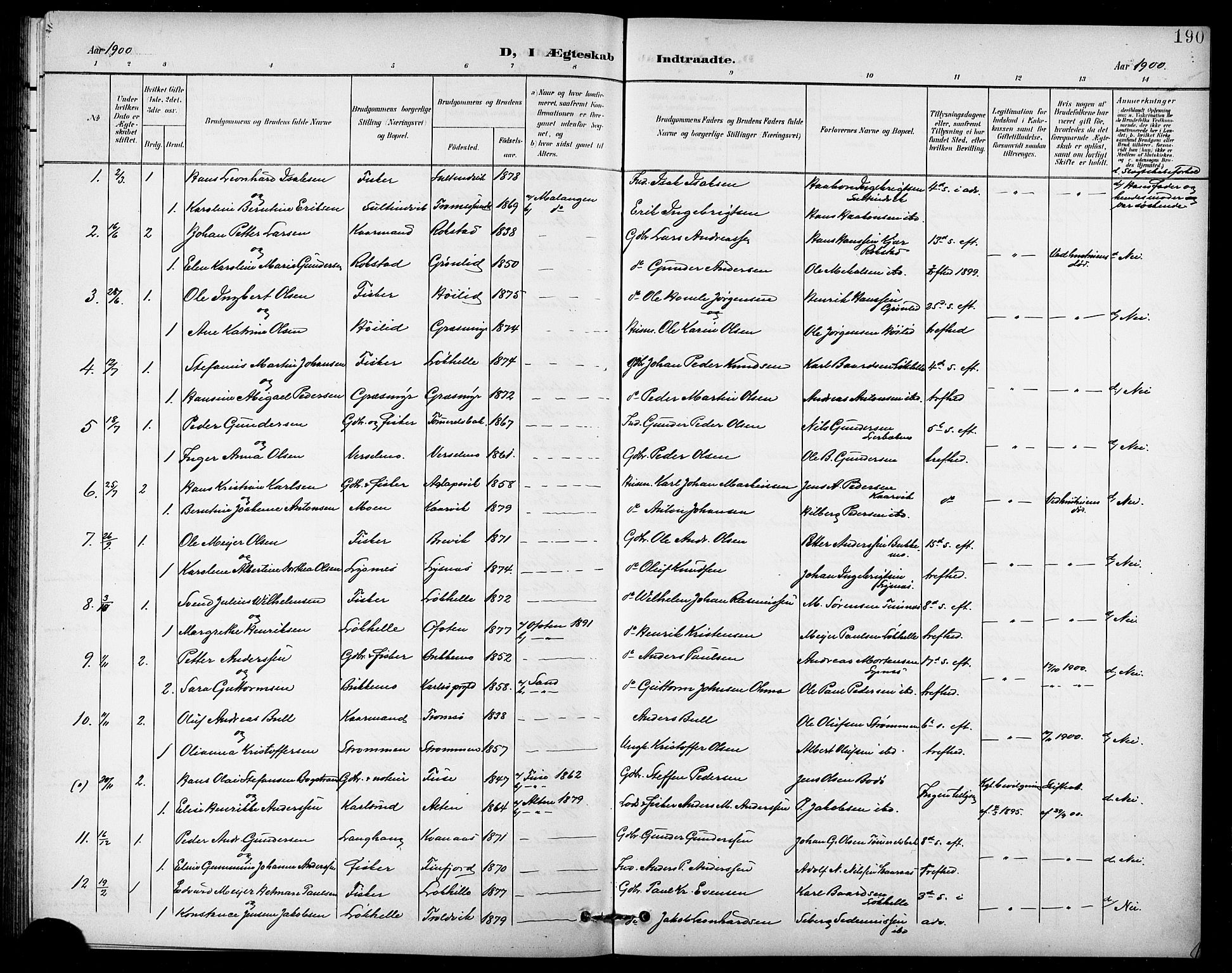 Lenvik sokneprestembete, SATØ/S-1310/H/Ha/Hab/L0008klokker: Parish register (copy) no. 8, 1899-1911, p. 190