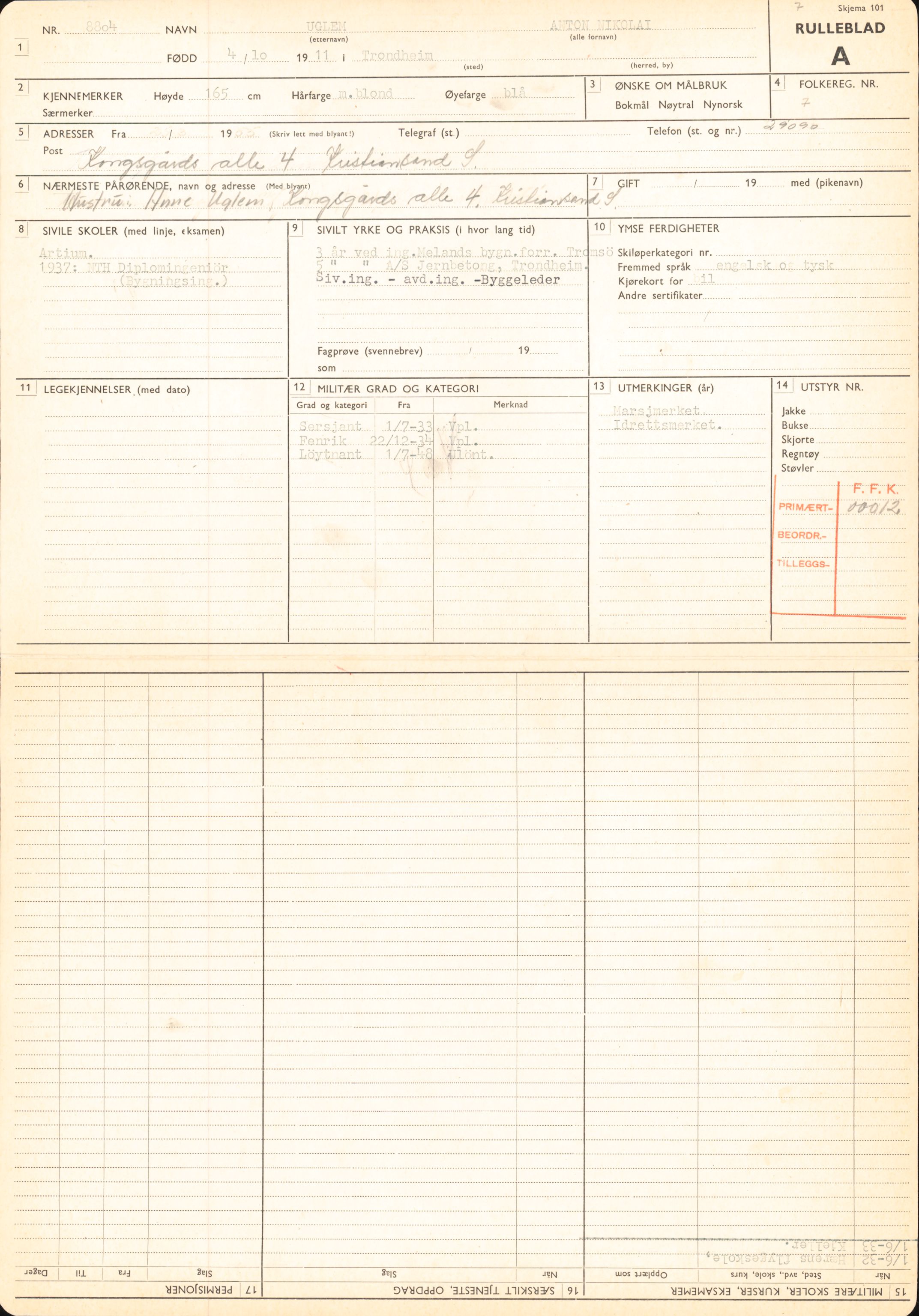 Forsvaret, Forsvarets overkommando/Luftforsvarsstaben, AV/RA-RAFA-4079/P/Pa/L0028: Personellpapirer, 1911, p. 269