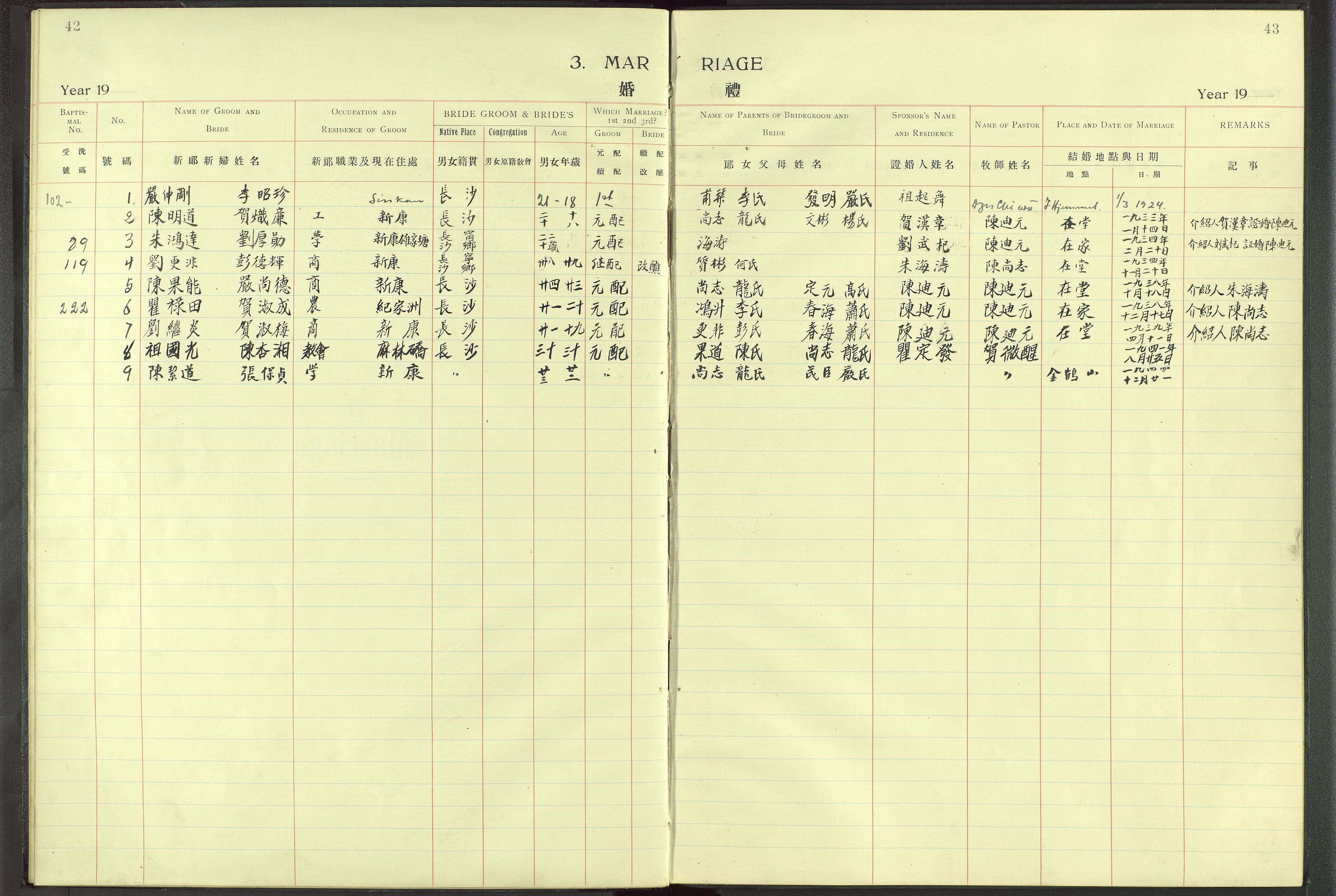 Det Norske Misjonsselskap - utland - Kina (Hunan), VID/MA-A-1065/Dm/L0004: Parish register (official) no. 49, 1913-1948, p. 42-43