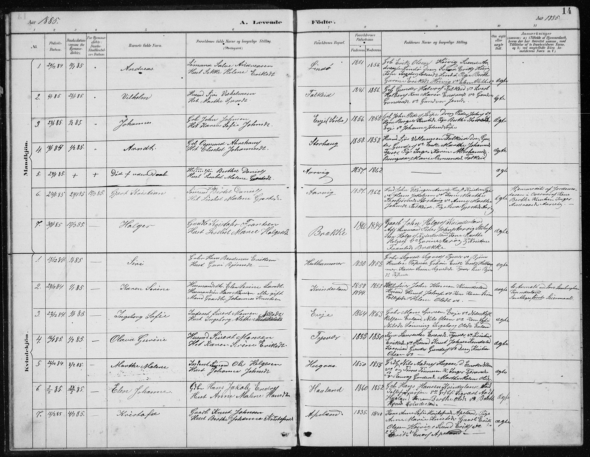 Tysvær sokneprestkontor, SAST/A -101864/H/Ha/Hab/L0004: Parish register (copy) no. B 4, 1883-1896, p. 14