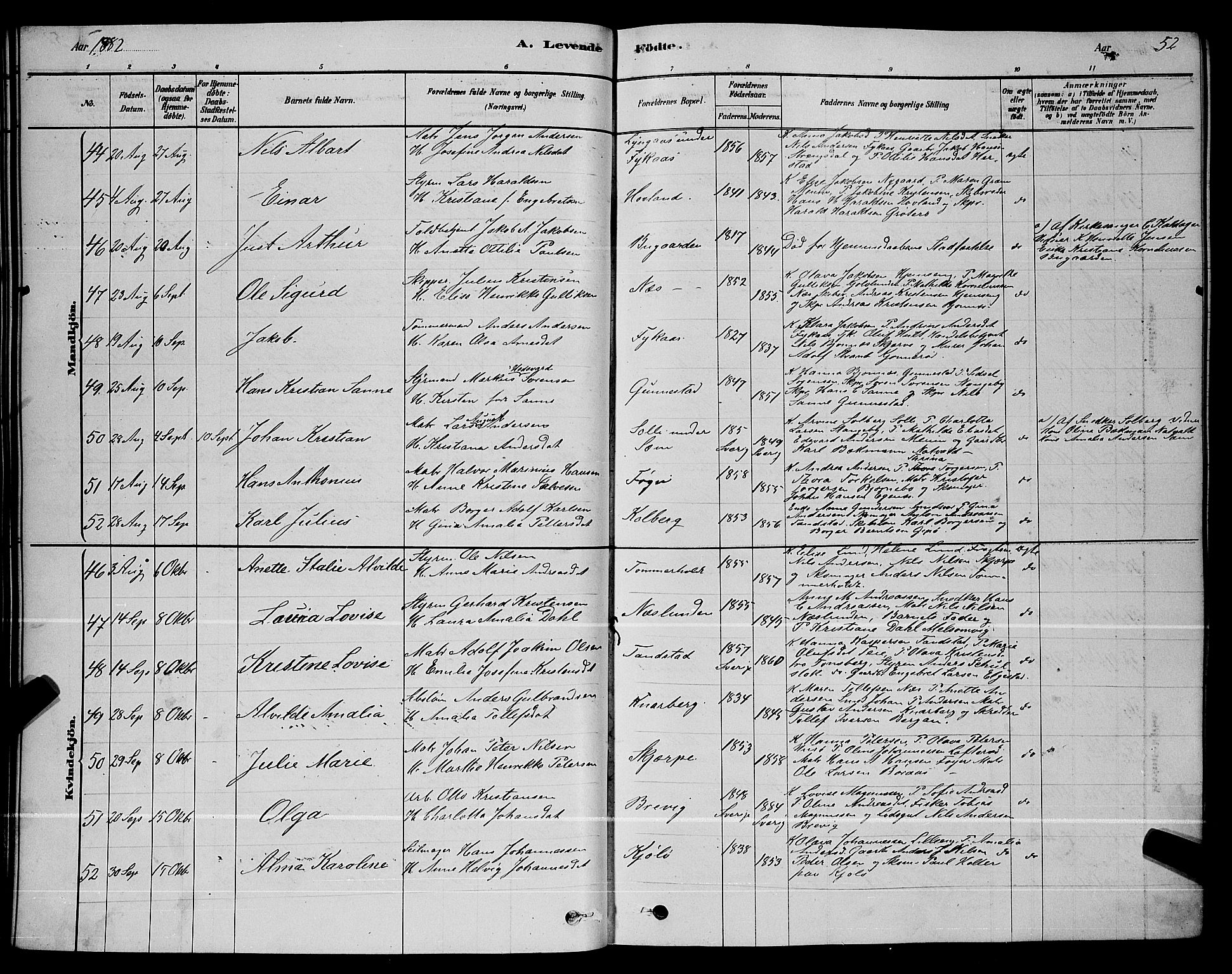 Nøtterøy kirkebøker, AV/SAKO-A-354/G/Ga/L0003: Parish register (copy) no. I 3, 1878-1893, p. 52