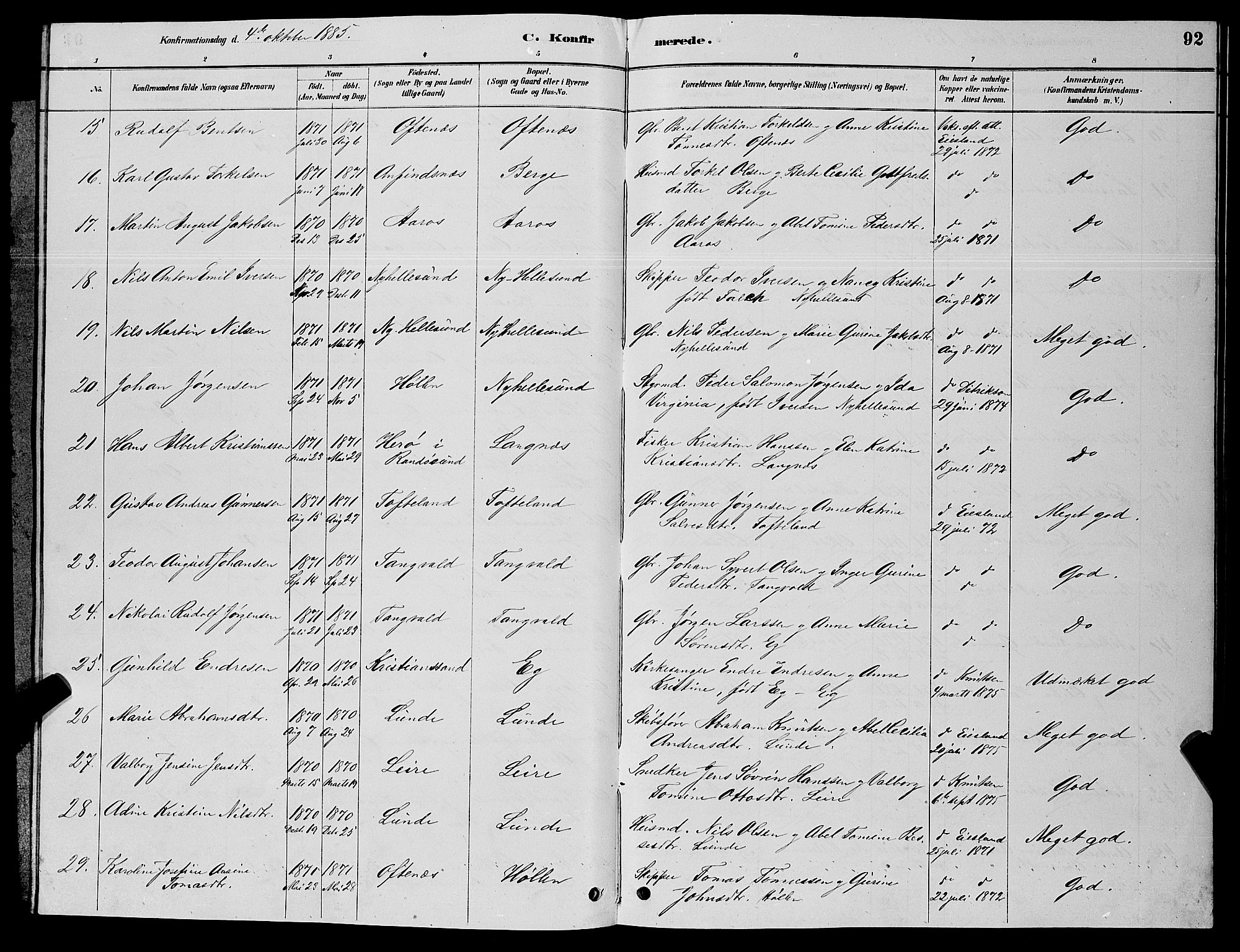 Søgne sokneprestkontor, AV/SAK-1111-0037/F/Fb/Fbb/L0005: Parish register (copy) no. B 5, 1884-1891, p. 92