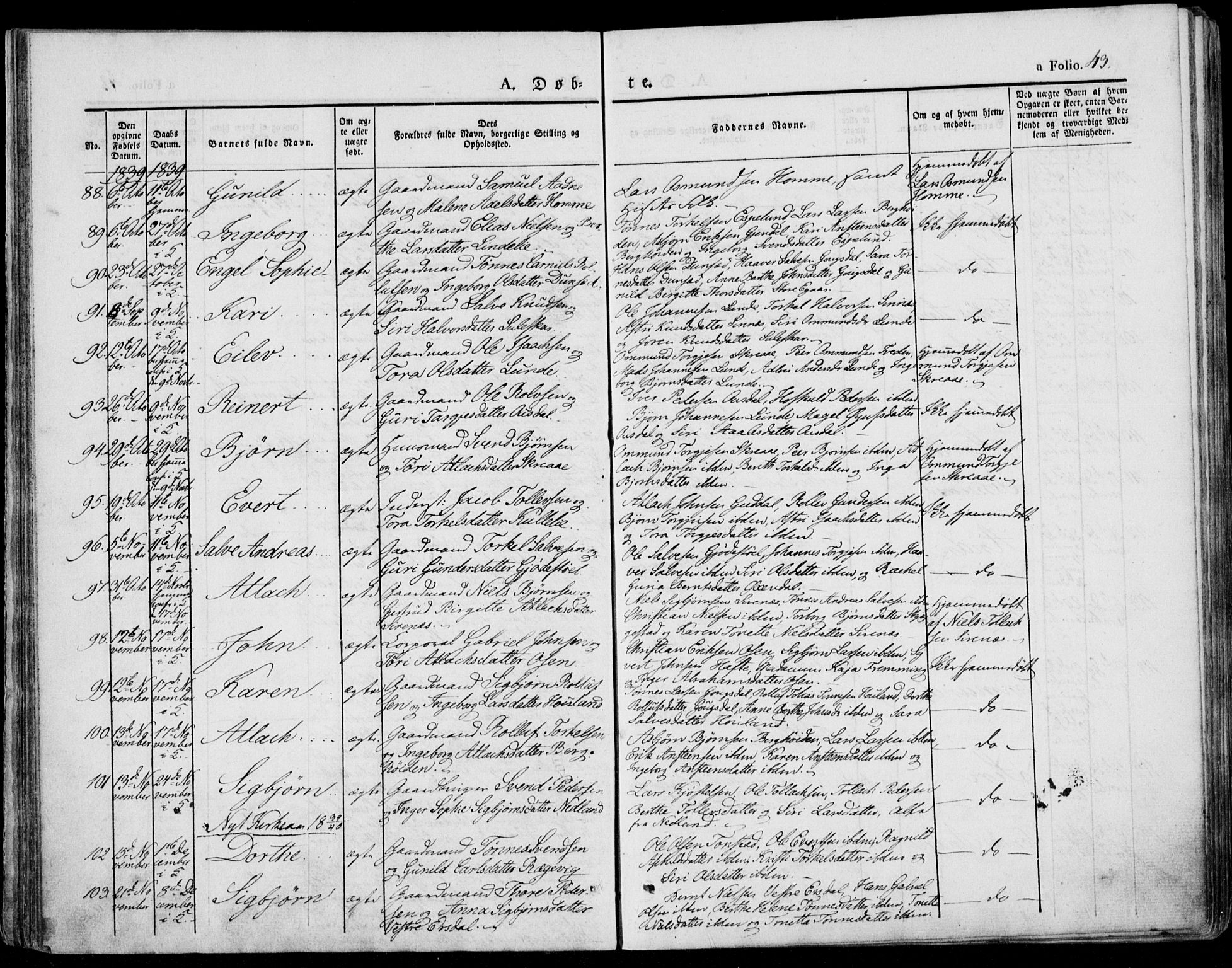 Bakke sokneprestkontor, AV/SAK-1111-0002/F/Fa/Faa/L0004: Parish register (official) no. A 4, 1834-1846, p. 43