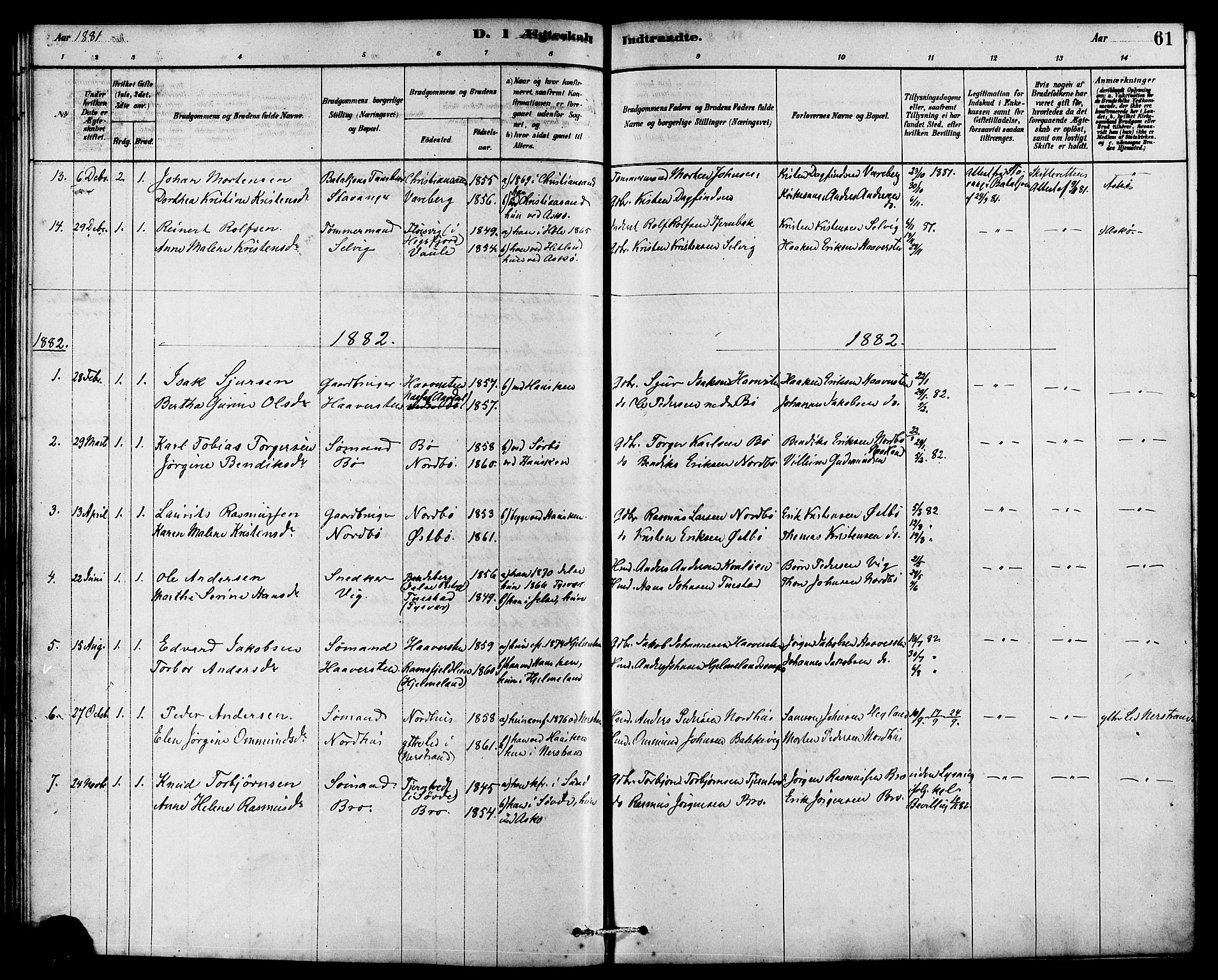 Rennesøy sokneprestkontor, SAST/A -101827/H/Ha/Haa/L0007: Parish register (official) no. A 7, 1878-1884, p. 61