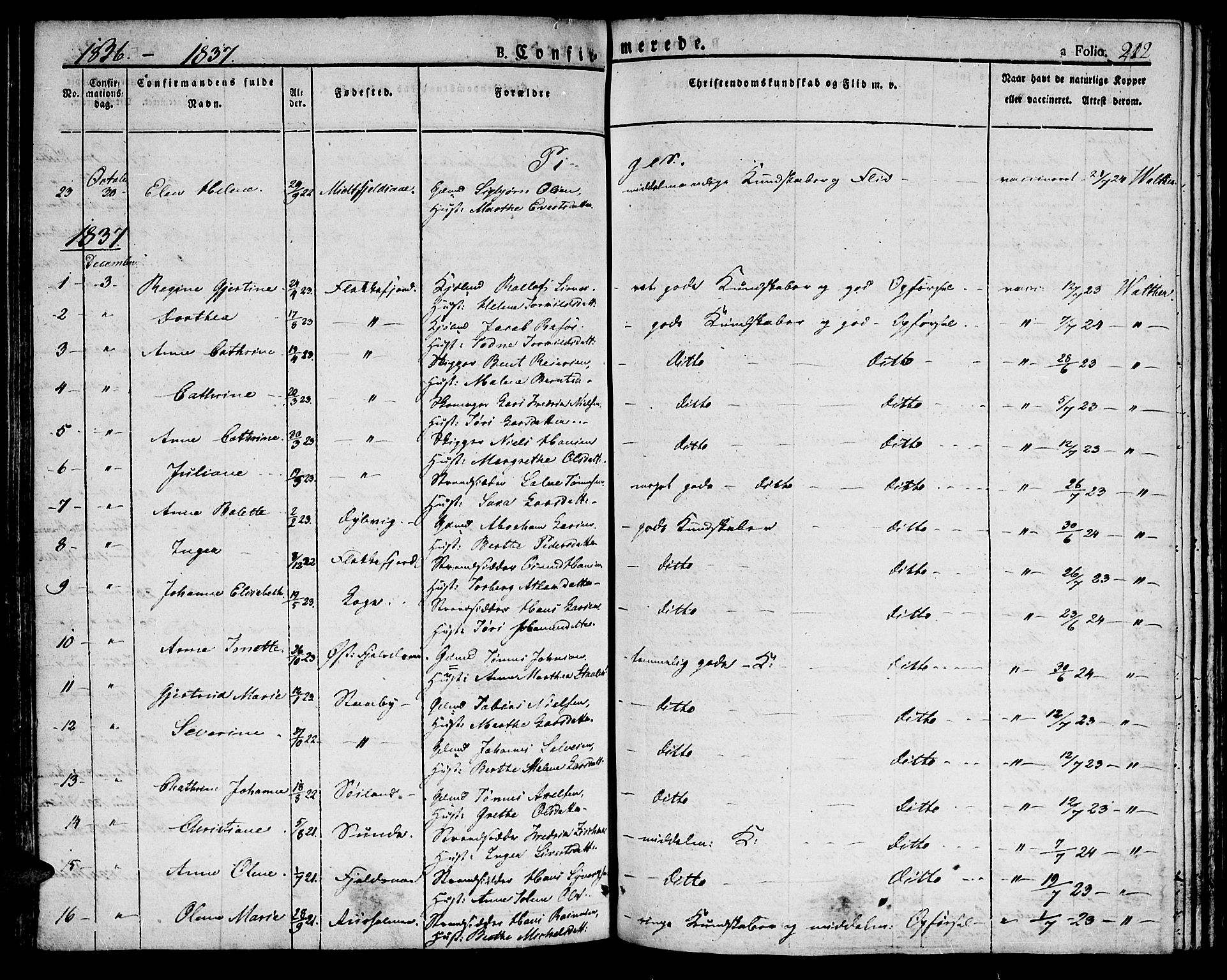 Flekkefjord sokneprestkontor, SAK/1111-0012/F/Fb/Fbc/L0004: Parish register (copy) no. B 4, 1827-1846, p. 212