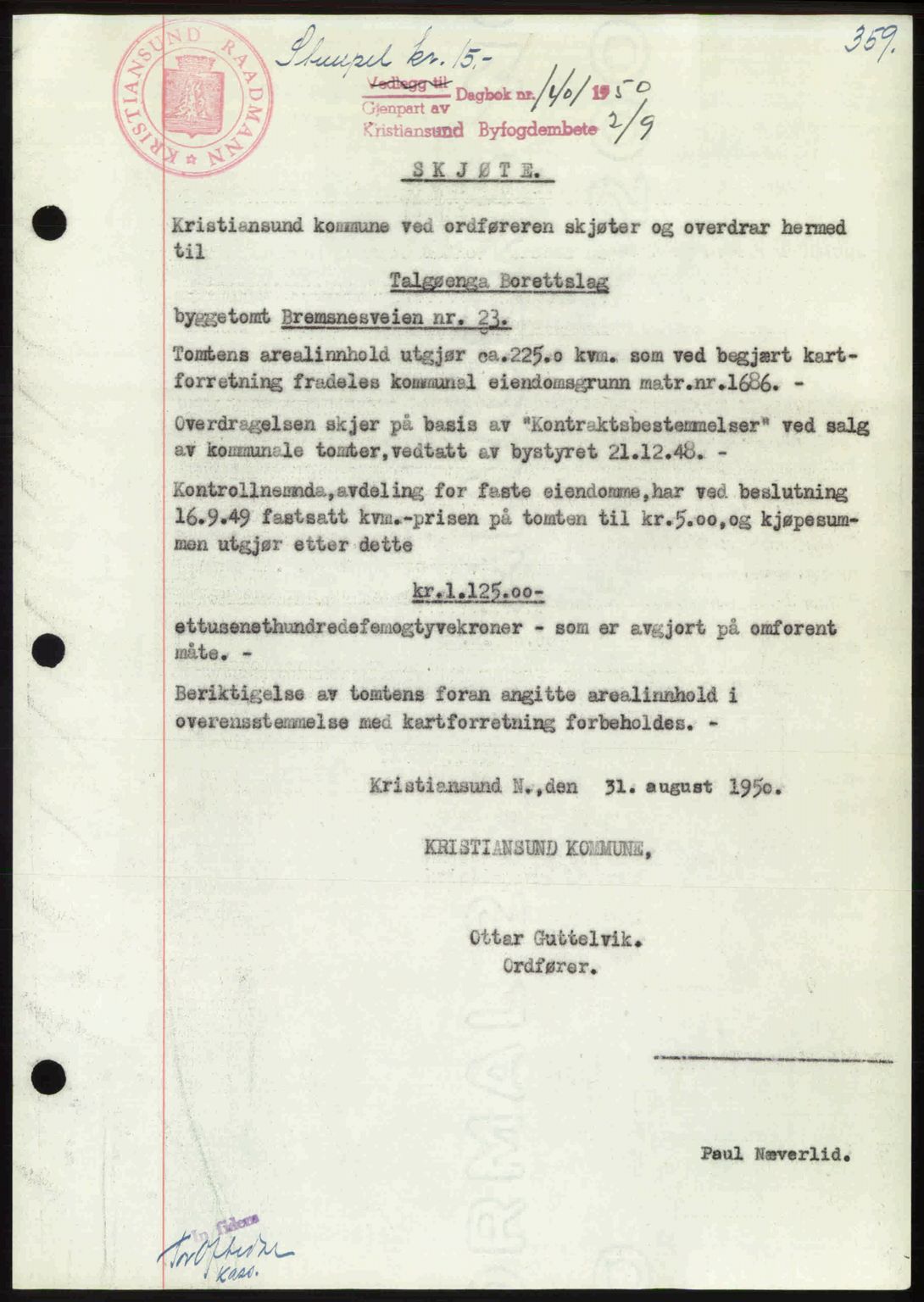 Kristiansund byfogd, AV/SAT-A-4587/A/27: Mortgage book no. 46, 1949-1950, Diary no: : 1401/1950