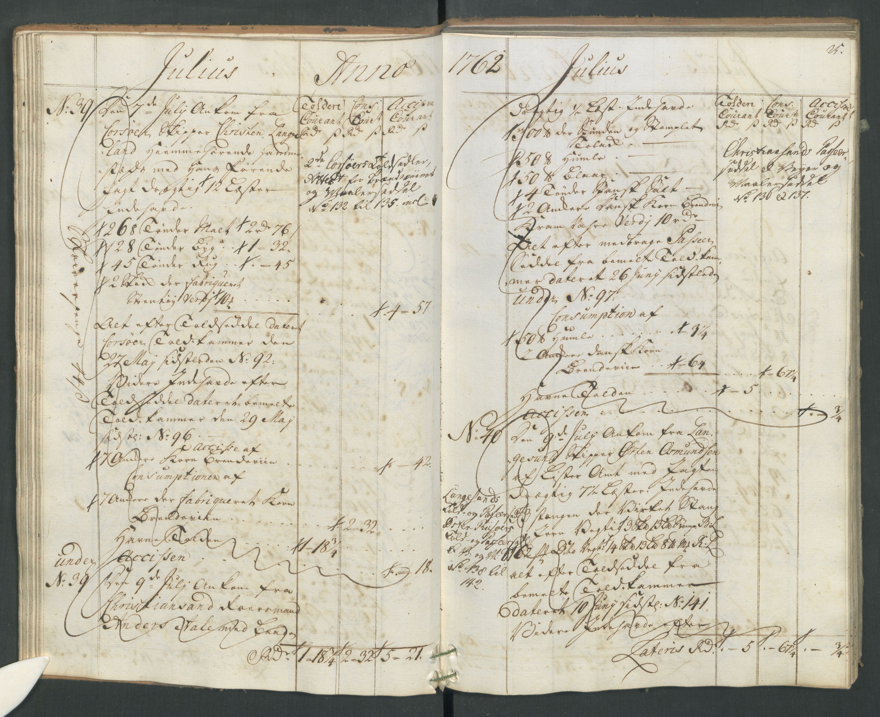 Generaltollkammeret, tollregnskaper, AV/RA-EA-5490/R19/L0021a/0001: Tollregnskaper Flekkefjord / Inngående hovedtollbok, 1762, p. 24b-25a