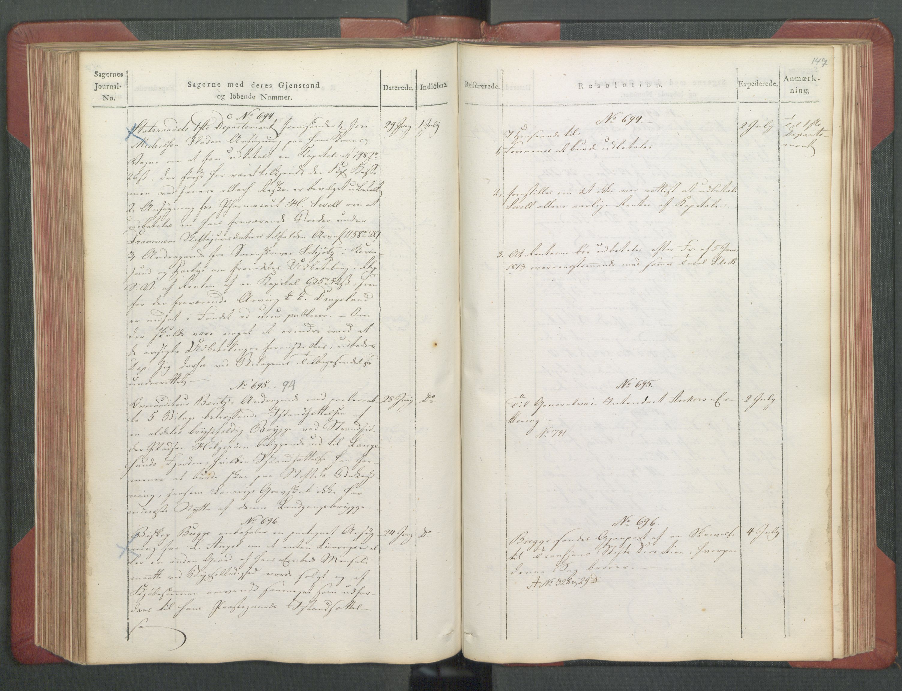 Departementene i 1814, AV/RA-S-3899/Fb/L0029: Journal A 1-900 (ekstraktprotokoll), 1814, p. 147