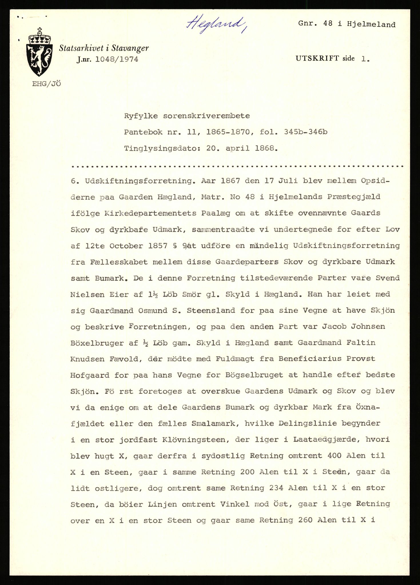 Statsarkivet i Stavanger, SAST/A-101971/03/Y/Yj/L0033: Avskrifter sortert etter gårdsnavn: Hausland - Helgeland i Avaldsnes, 1750-1930, p. 368