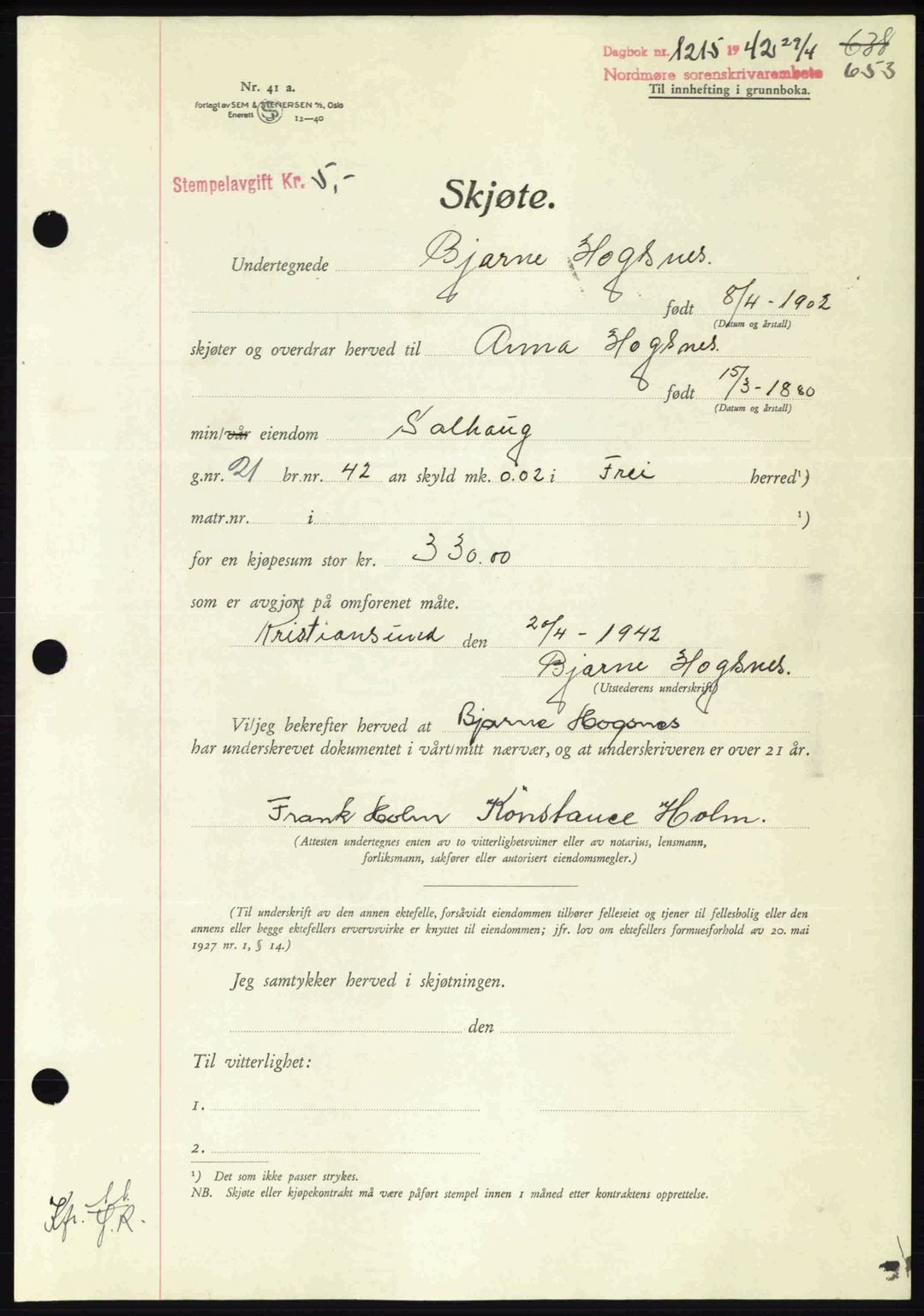 Nordmøre sorenskriveri, AV/SAT-A-4132/1/2/2Ca: Mortgage book no. A92, 1942-1942, Diary no: : 1215/1942