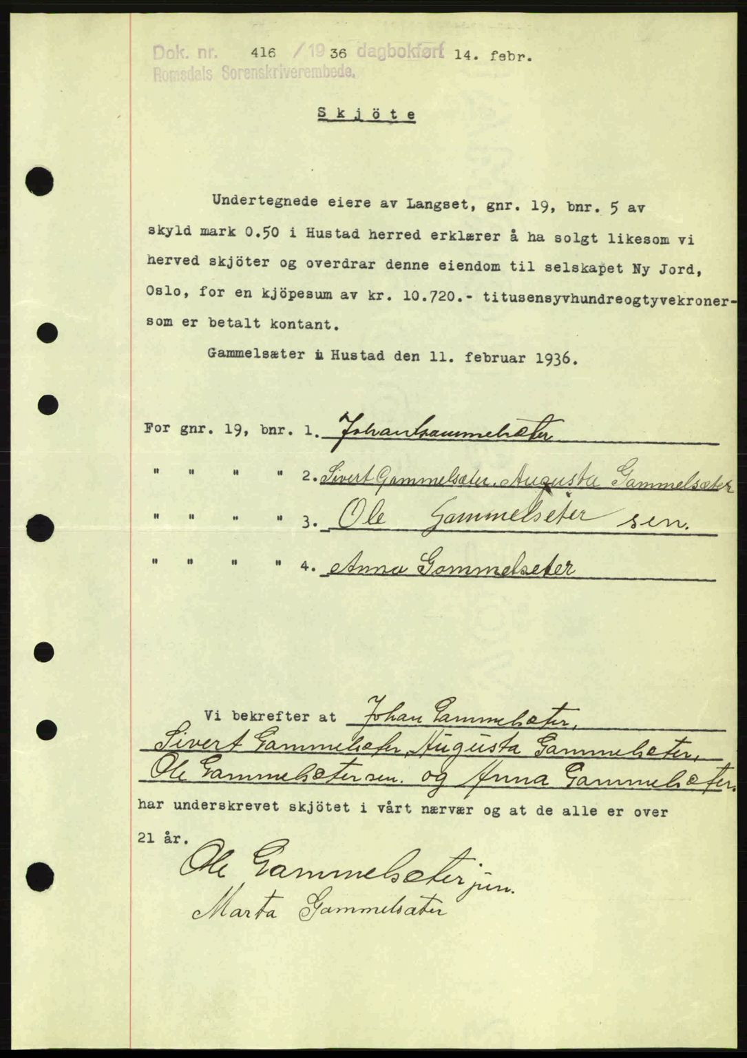 Romsdal sorenskriveri, AV/SAT-A-4149/1/2/2C: Mortgage book no. A1, 1936-1936, Diary no: : 416/1936