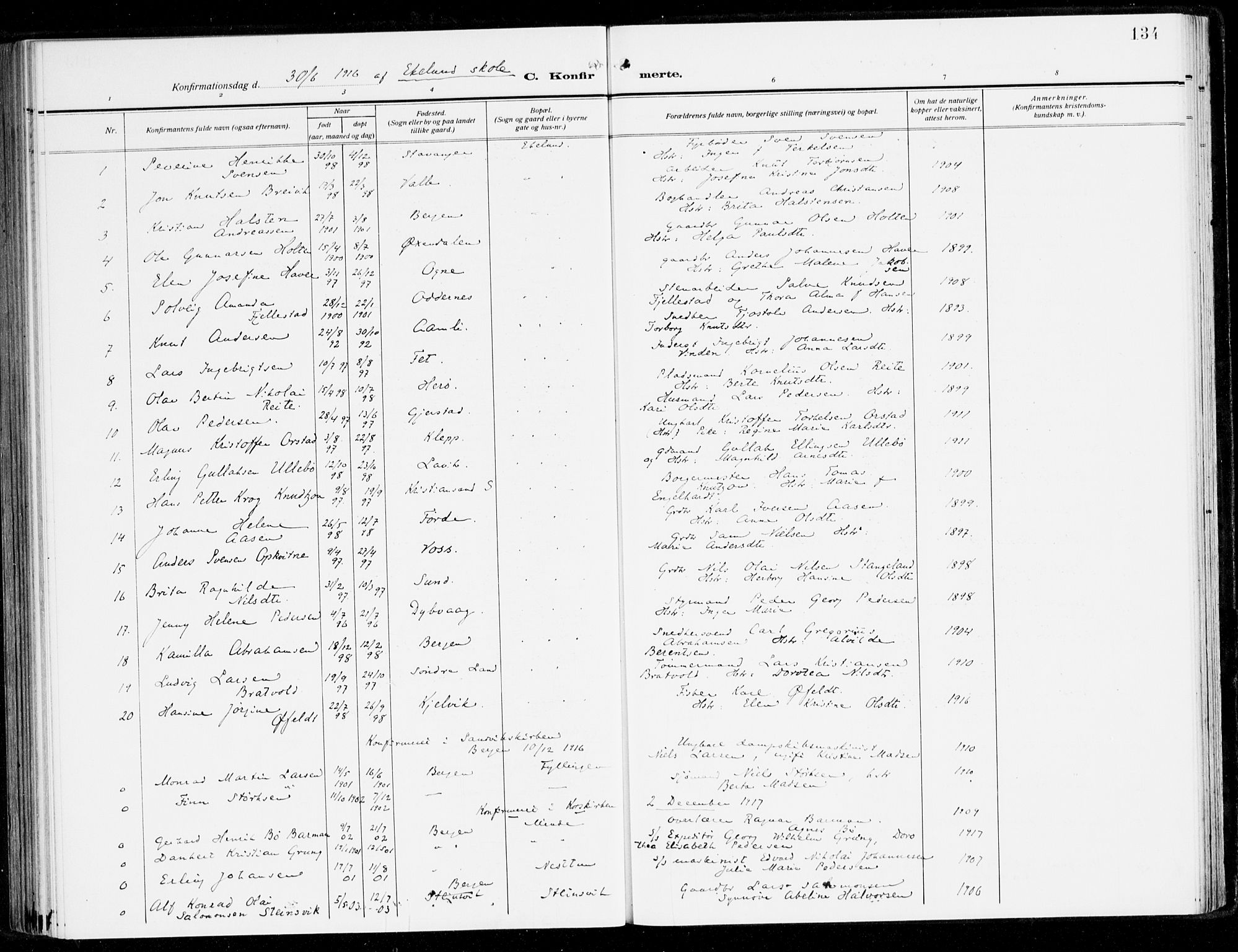 Fana Sokneprestembete, AV/SAB-A-75101/H/Haa/Haai/L0004: Parish register (official) no. I 4, 1912-1933, p. 134