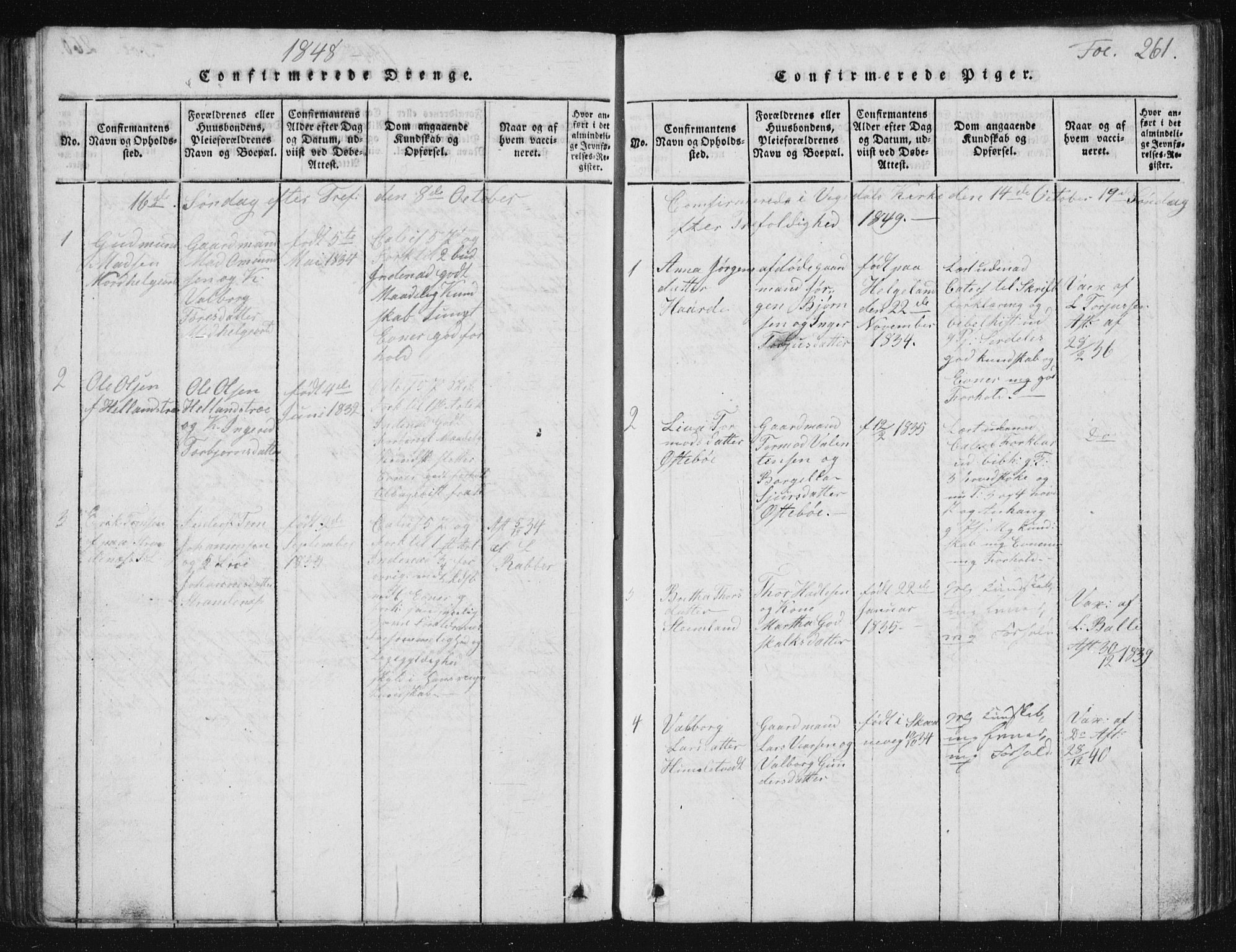 Vikedal sokneprestkontor, AV/SAST-A-101840/01/V: Parish register (copy) no. B 2, 1816-1863, p. 261