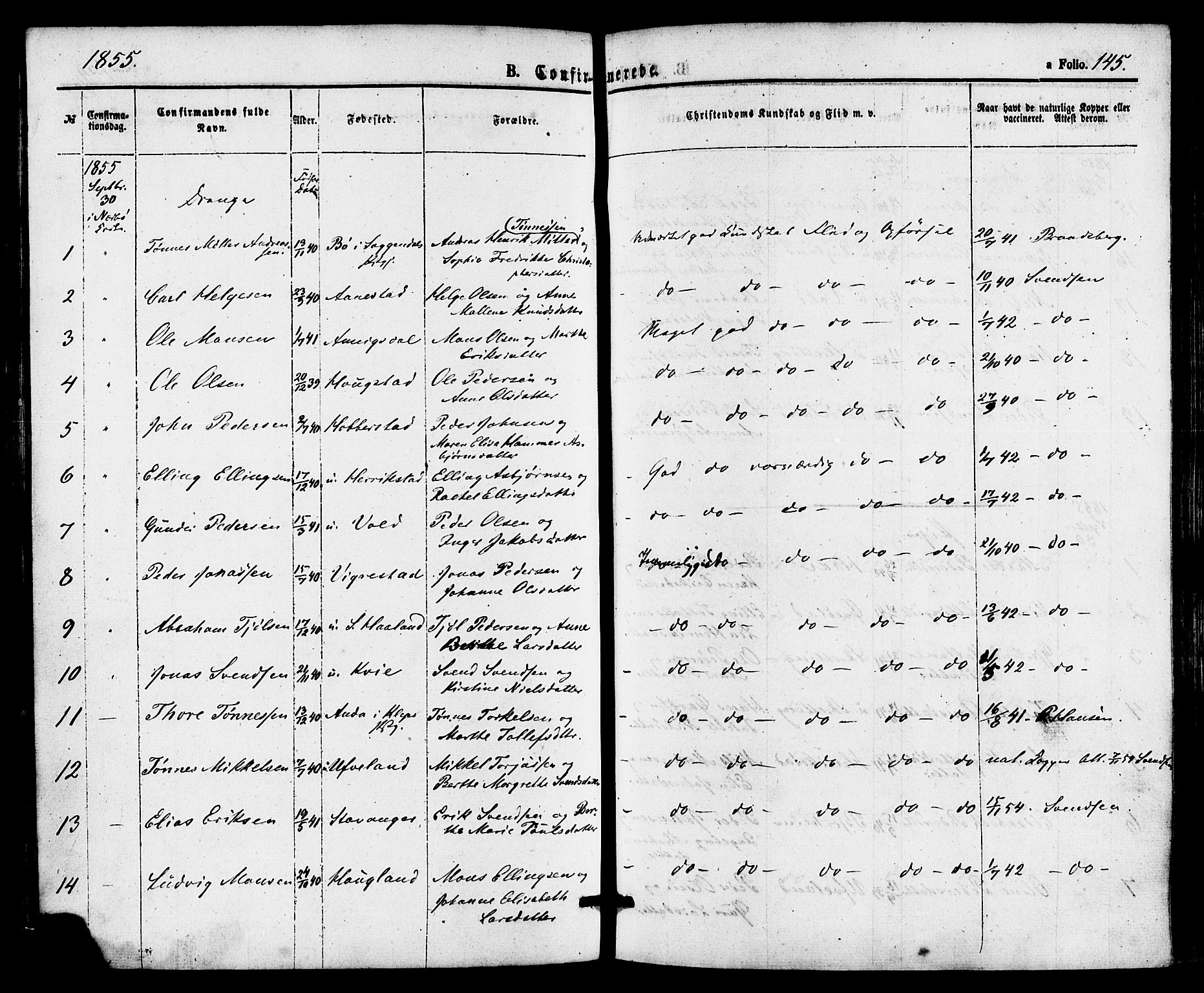 Hå sokneprestkontor, SAST/A-101801/001/30BA/L0009: Parish register (official) no. A 8, 1855-1878, p. 145