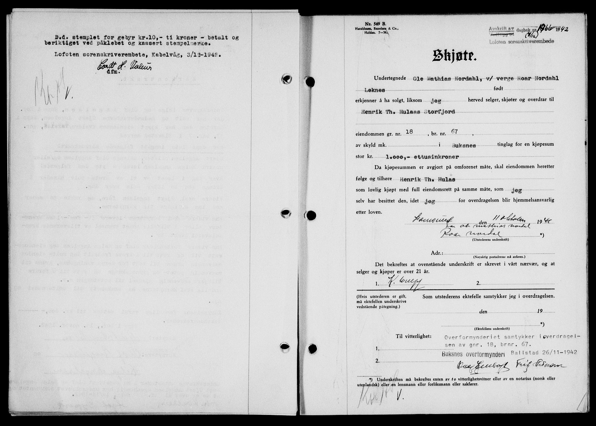 Lofoten sorenskriveri, SAT/A-0017/1/2/2C/L0010a: Mortgage book no. 10a, 1942-1943, Diary no: : 1966/1942