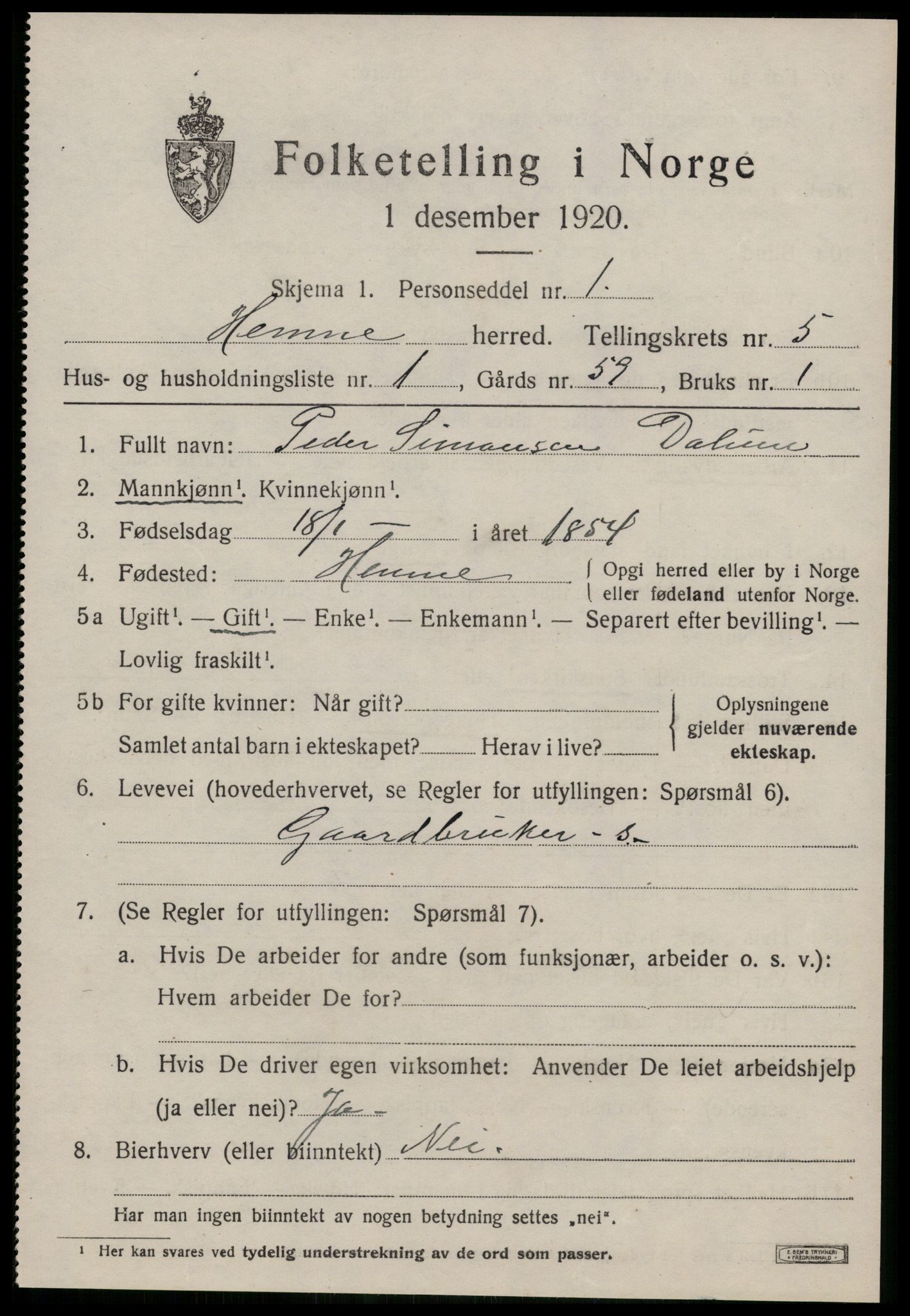 SAT, 1920 census for Hemne, 1920, p. 3098