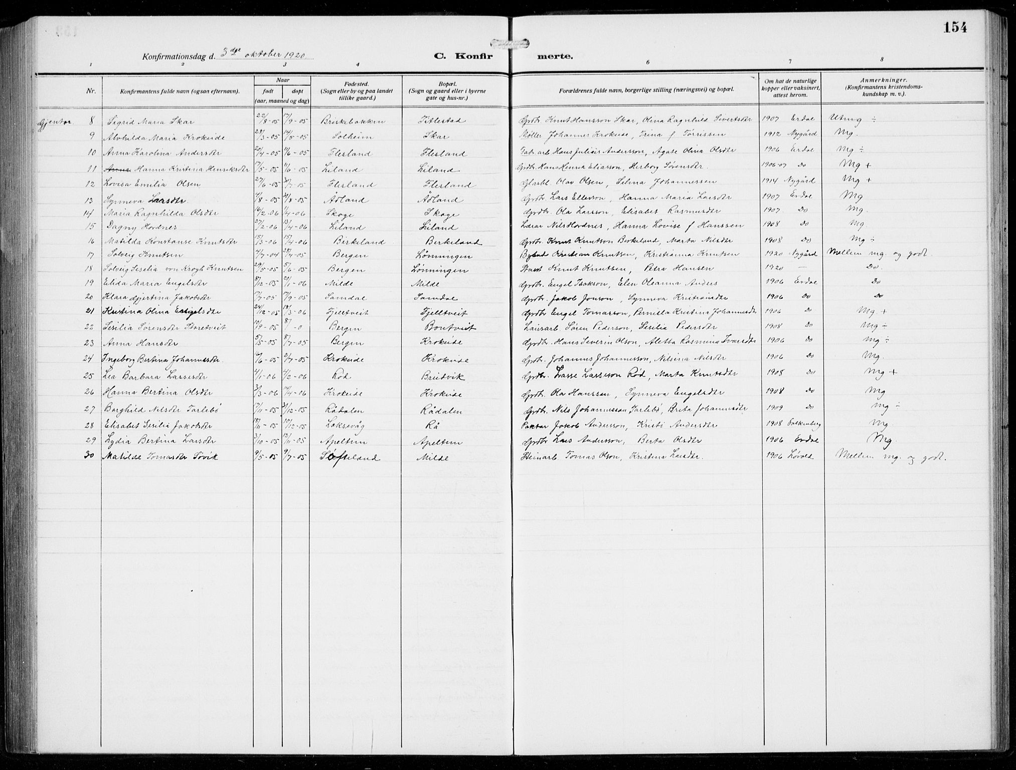 Fana Sokneprestembete, AV/SAB-A-75101/H/Hab/Haba/L0005: Parish register (copy) no. A 5, 1911-1932, p. 154