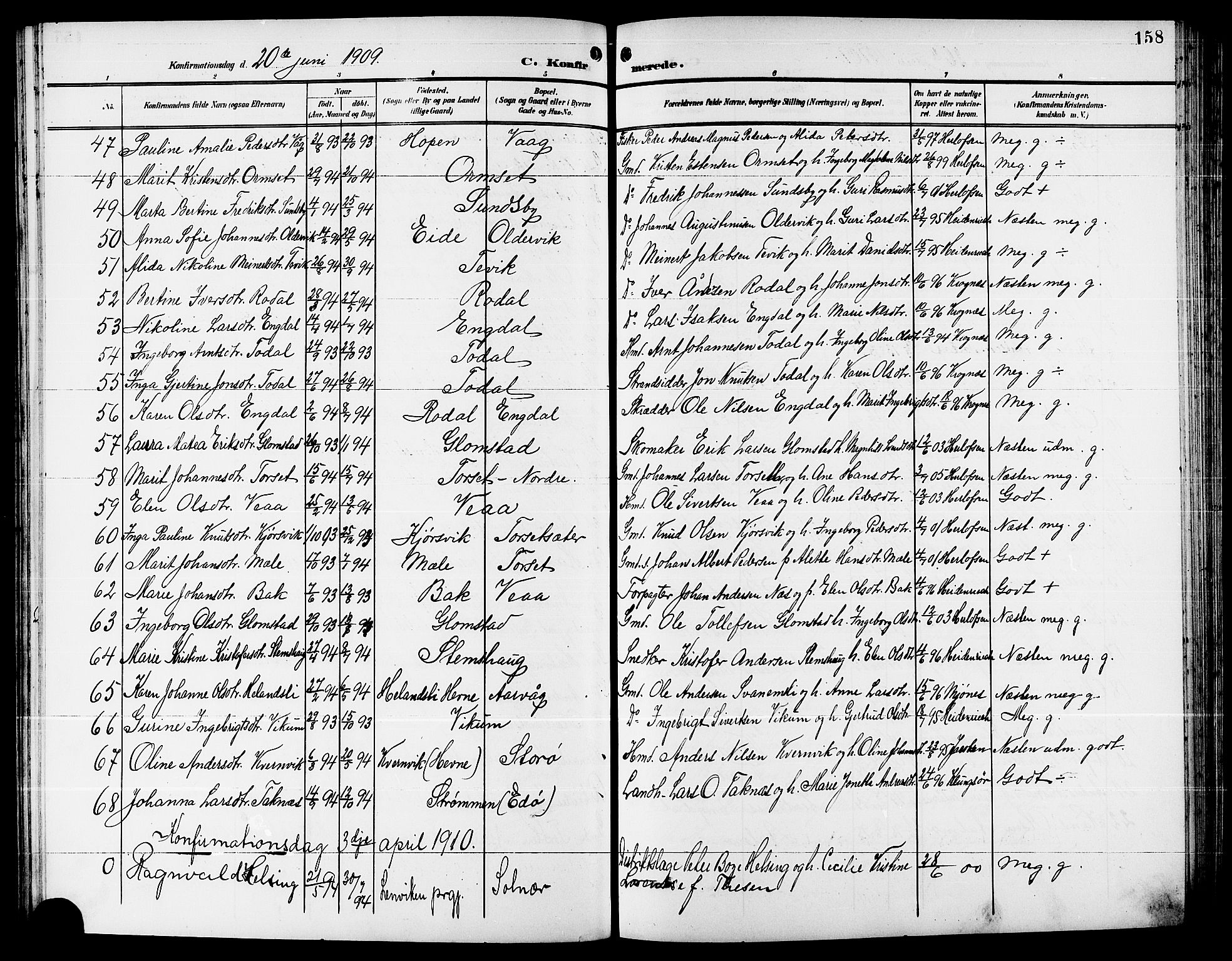 Ministerialprotokoller, klokkerbøker og fødselsregistre - Møre og Romsdal, SAT/A-1454/578/L0910: Parish register (copy) no. 578C03, 1900-1921, p. 158
