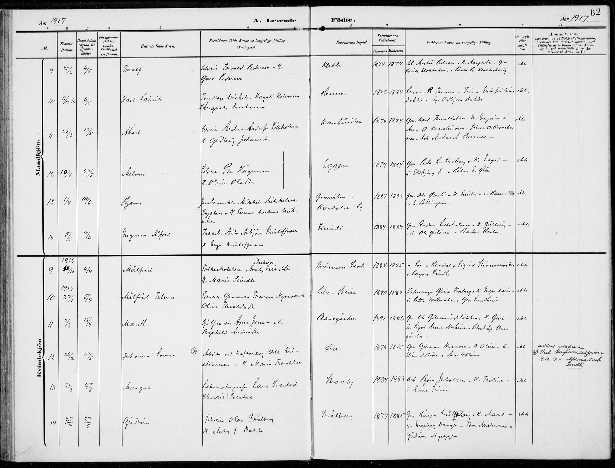 Alvdal prestekontor, SAH/PREST-060/H/Ha/Haa/L0004: Parish register (official) no. 4, 1907-1919, p. 62