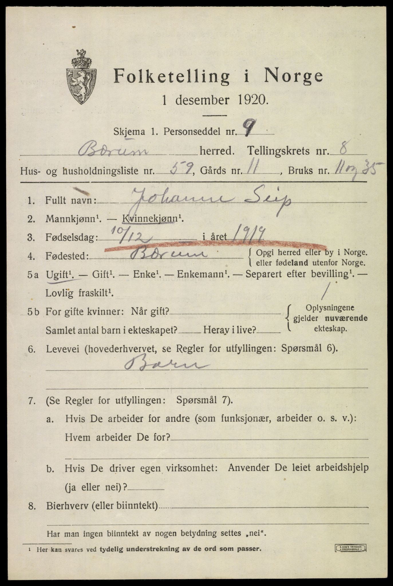 SAO, 1920 census for Bærum, 1920, p. 19336