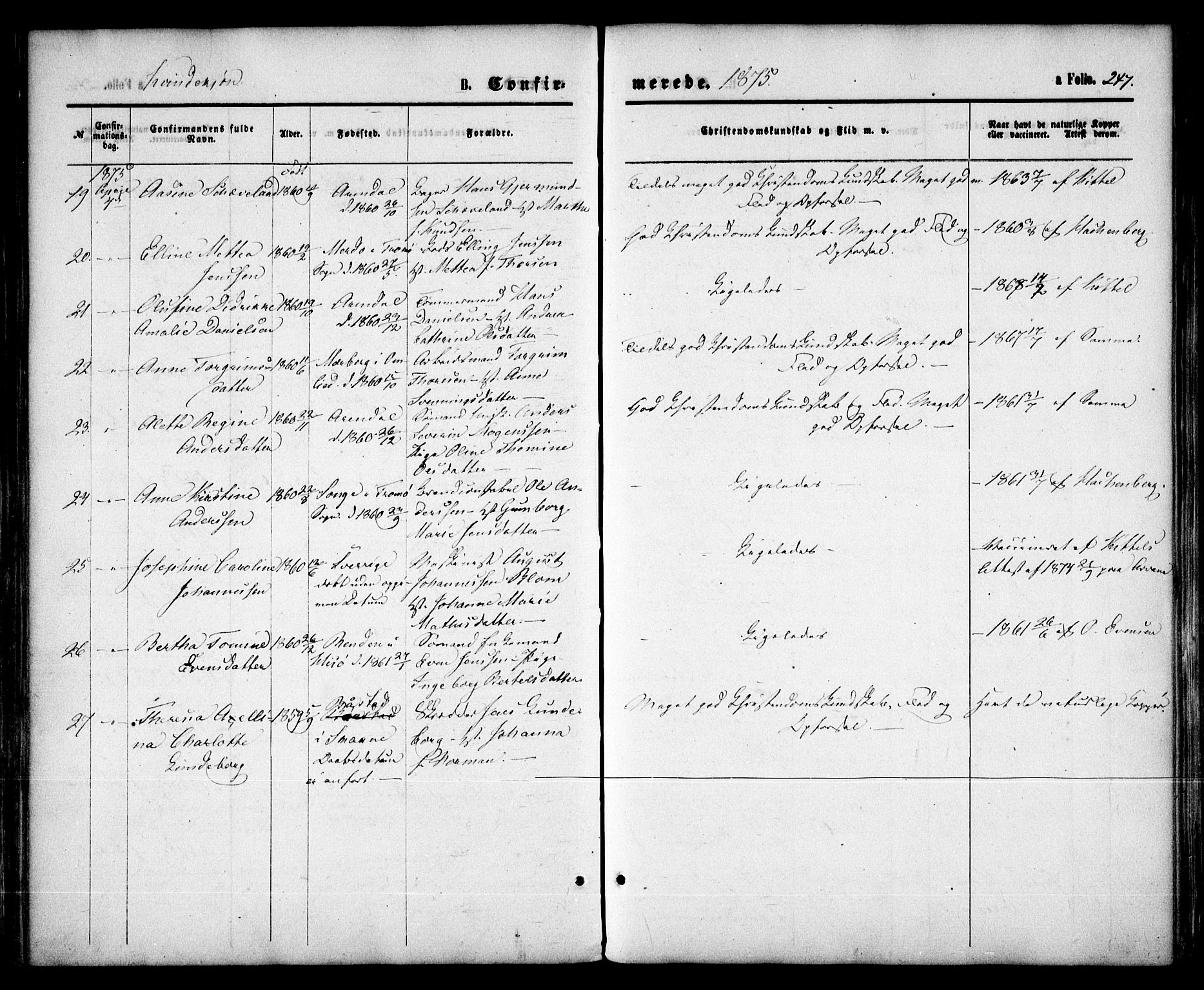 Arendal sokneprestkontor, Trefoldighet, SAK/1111-0040/F/Fa/L0007: Parish register (official) no. A 7, 1868-1878, p. 247