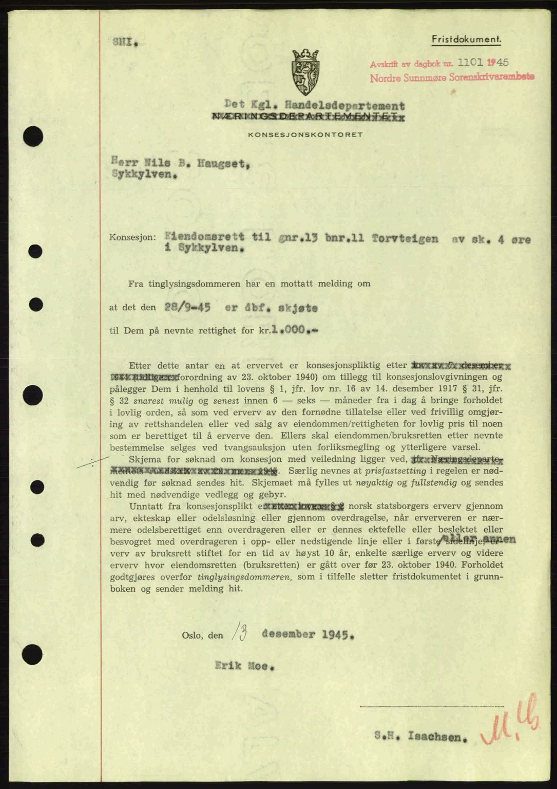 Nordre Sunnmøre sorenskriveri, SAT/A-0006/1/2/2C/2Ca: Mortgage book no. B6-14 a, 1942-1945, Diary no: : 1101/1945