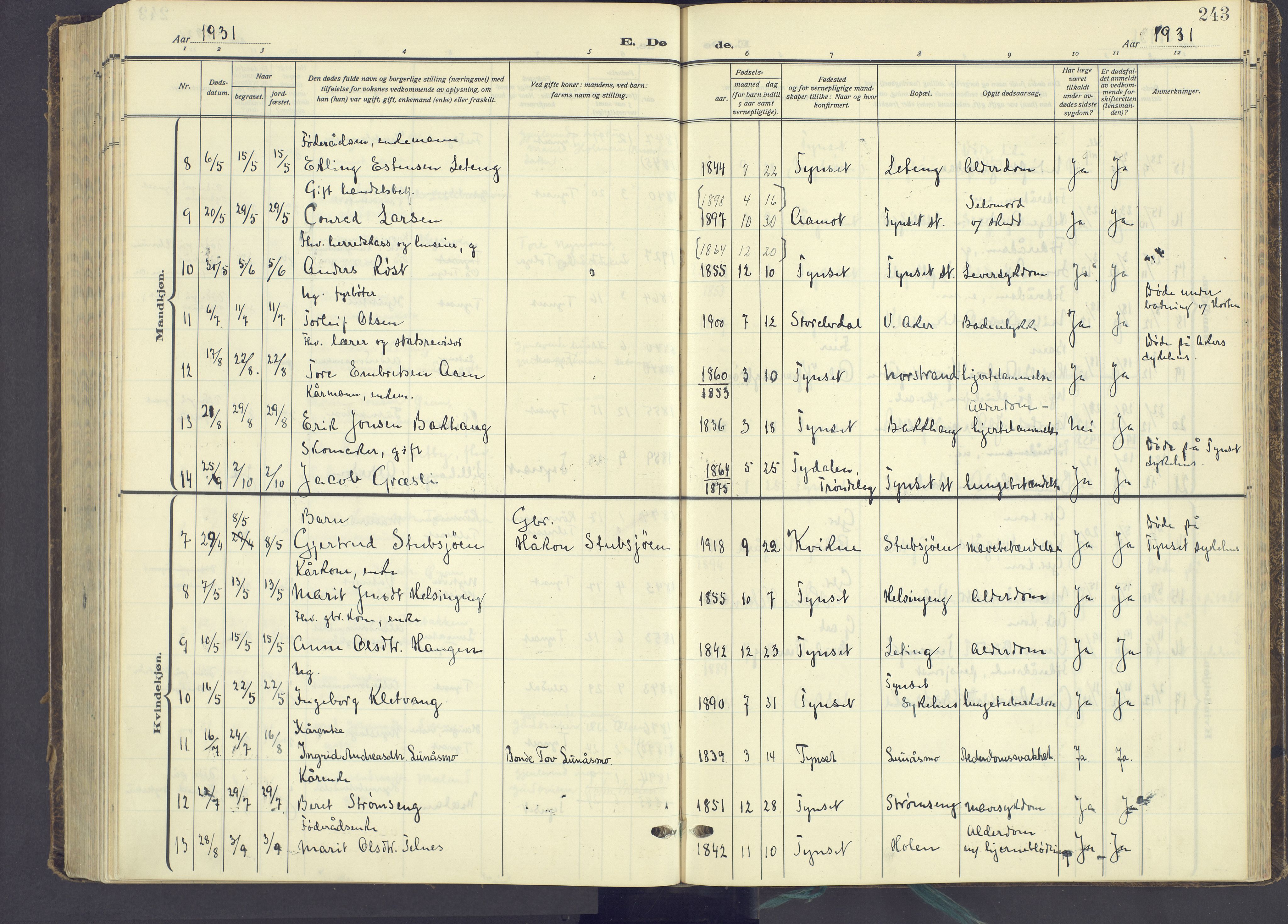 Tynset prestekontor, AV/SAH-PREST-058/H/Ha/Haa/L0027: Parish register (official) no. 27, 1930-1944, p. 243