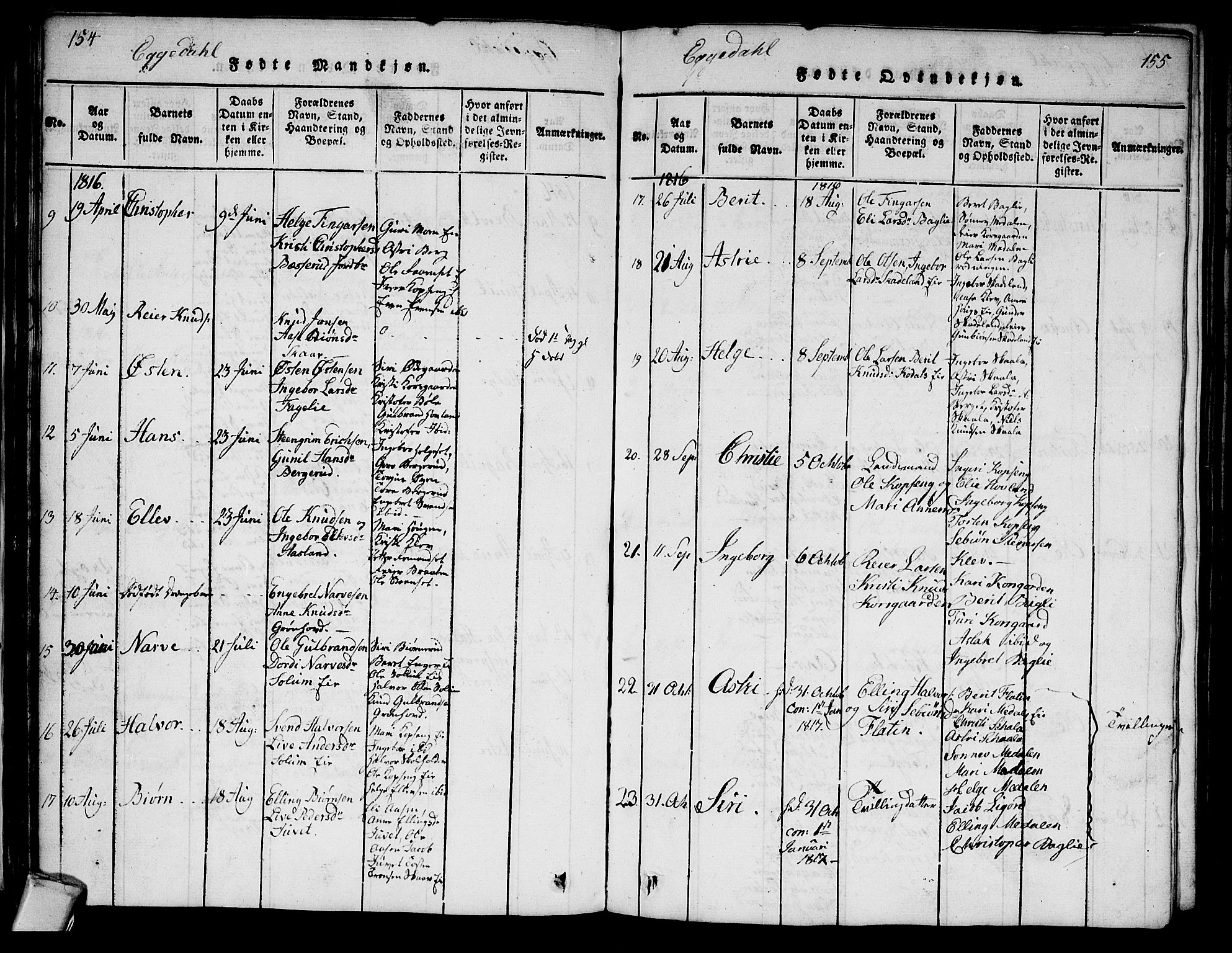 Sigdal kirkebøker, AV/SAKO-A-245/G/Ga/L0001: Parish register (copy) no. I 1 /2, 1816-1835, p. 154-155