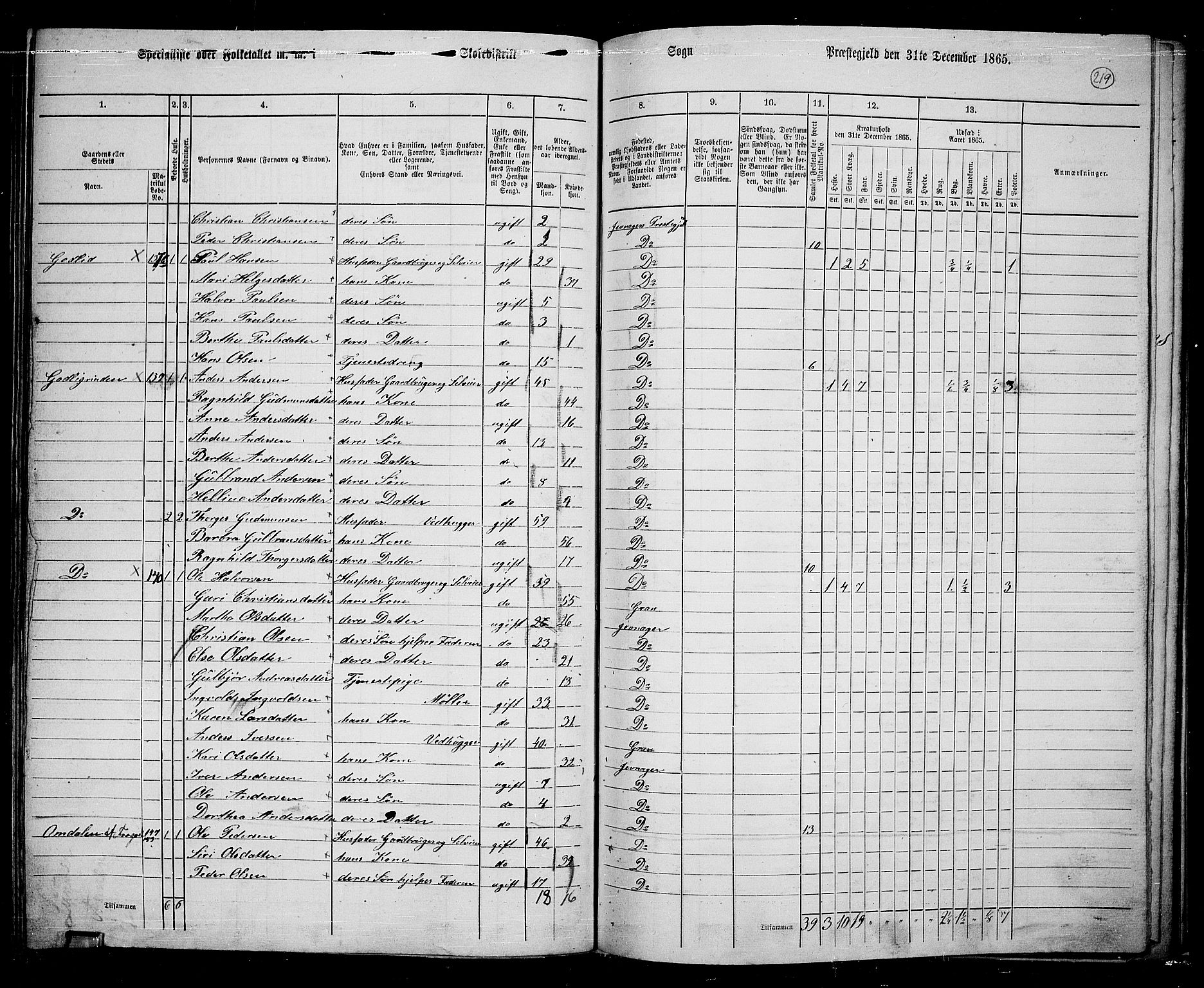 RA, 1865 census for Jevnaker, 1865, p. 203