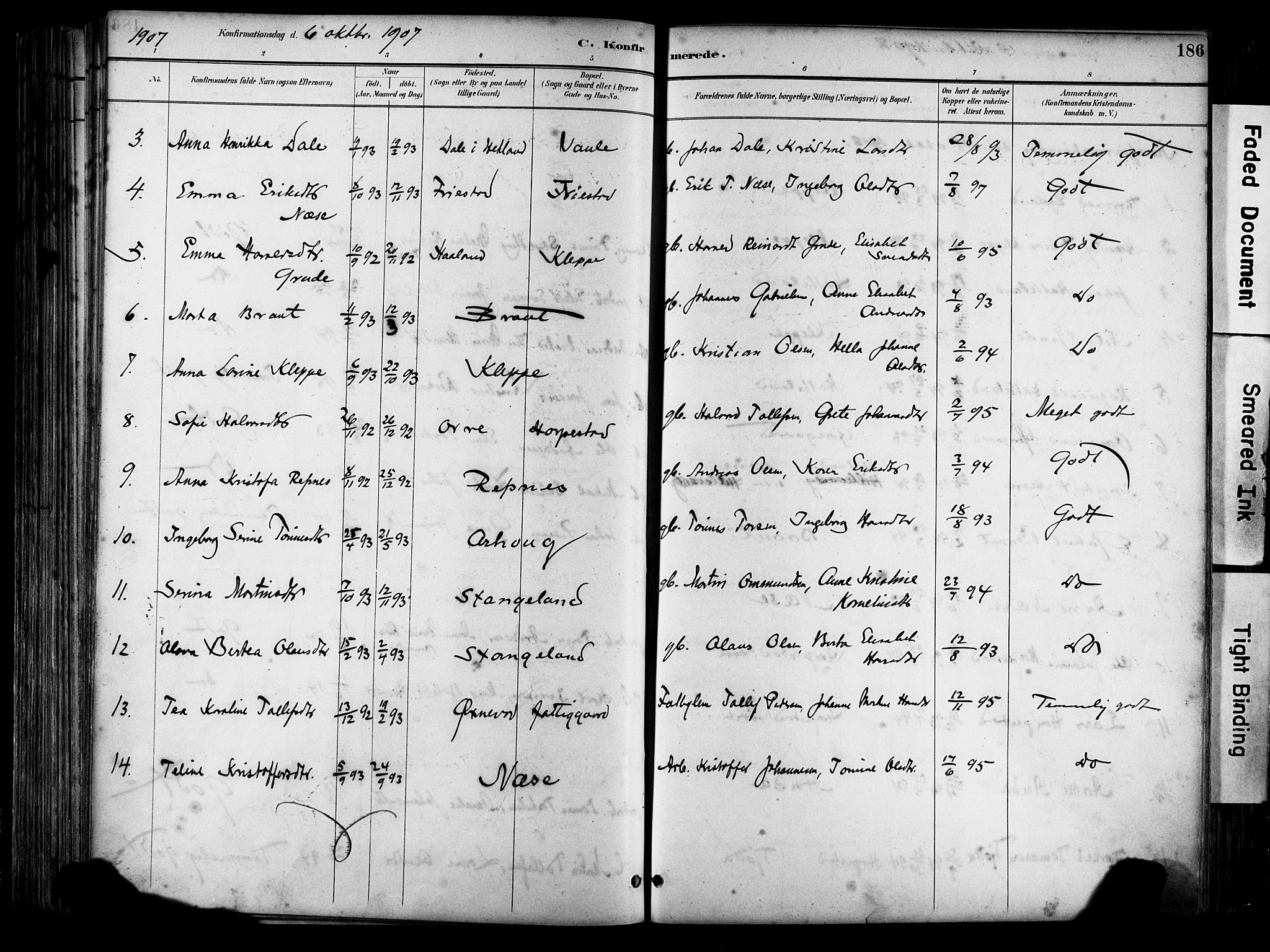 Klepp sokneprestkontor, SAST/A-101803/001/3/30BA/L0009: Parish register (official) no. A 7, 1886-1915, p. 186