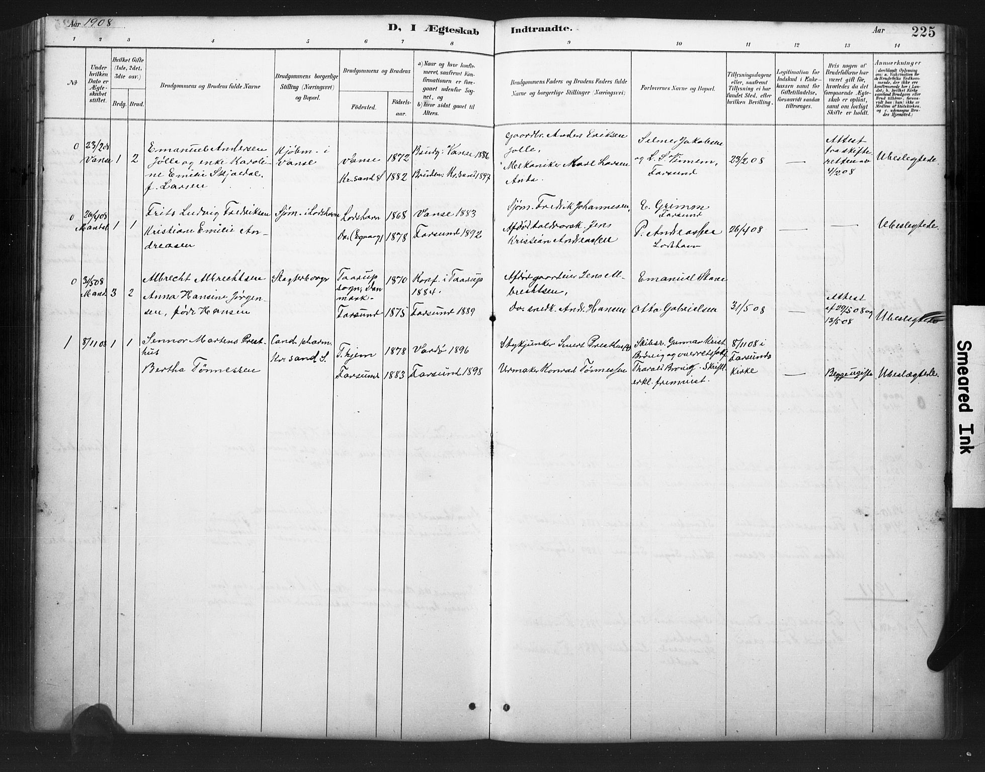 Farsund sokneprestkontor, AV/SAK-1111-0009/F/Fb/L0001: Parish register (copy) no. B 1, 1886-1931, p. 225