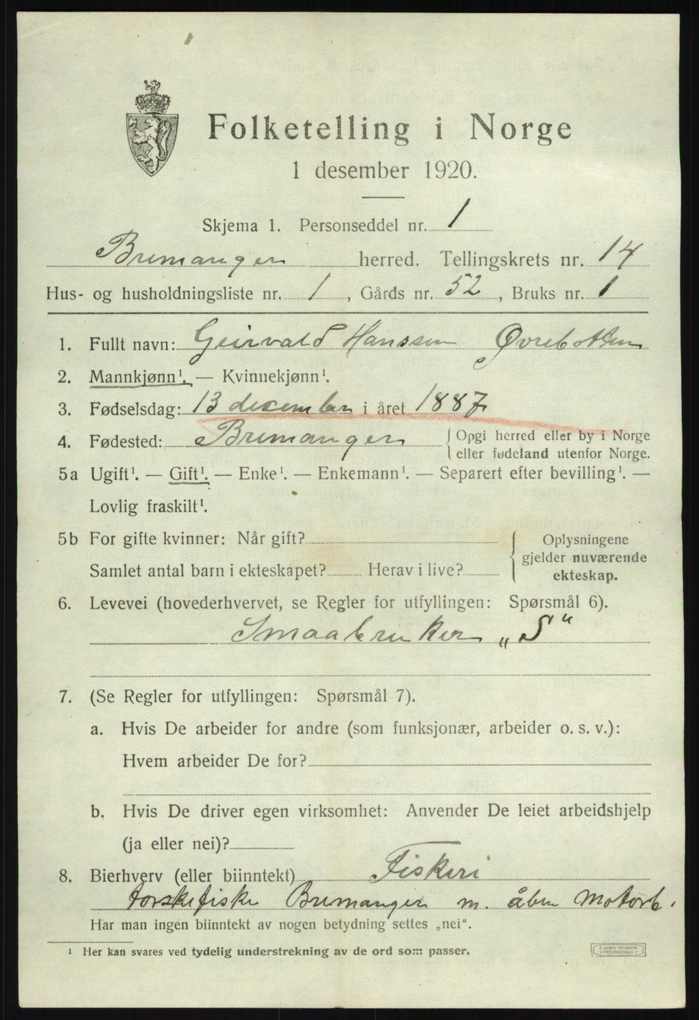 SAB, 1920 census for Bremanger, 1920, p. 7052