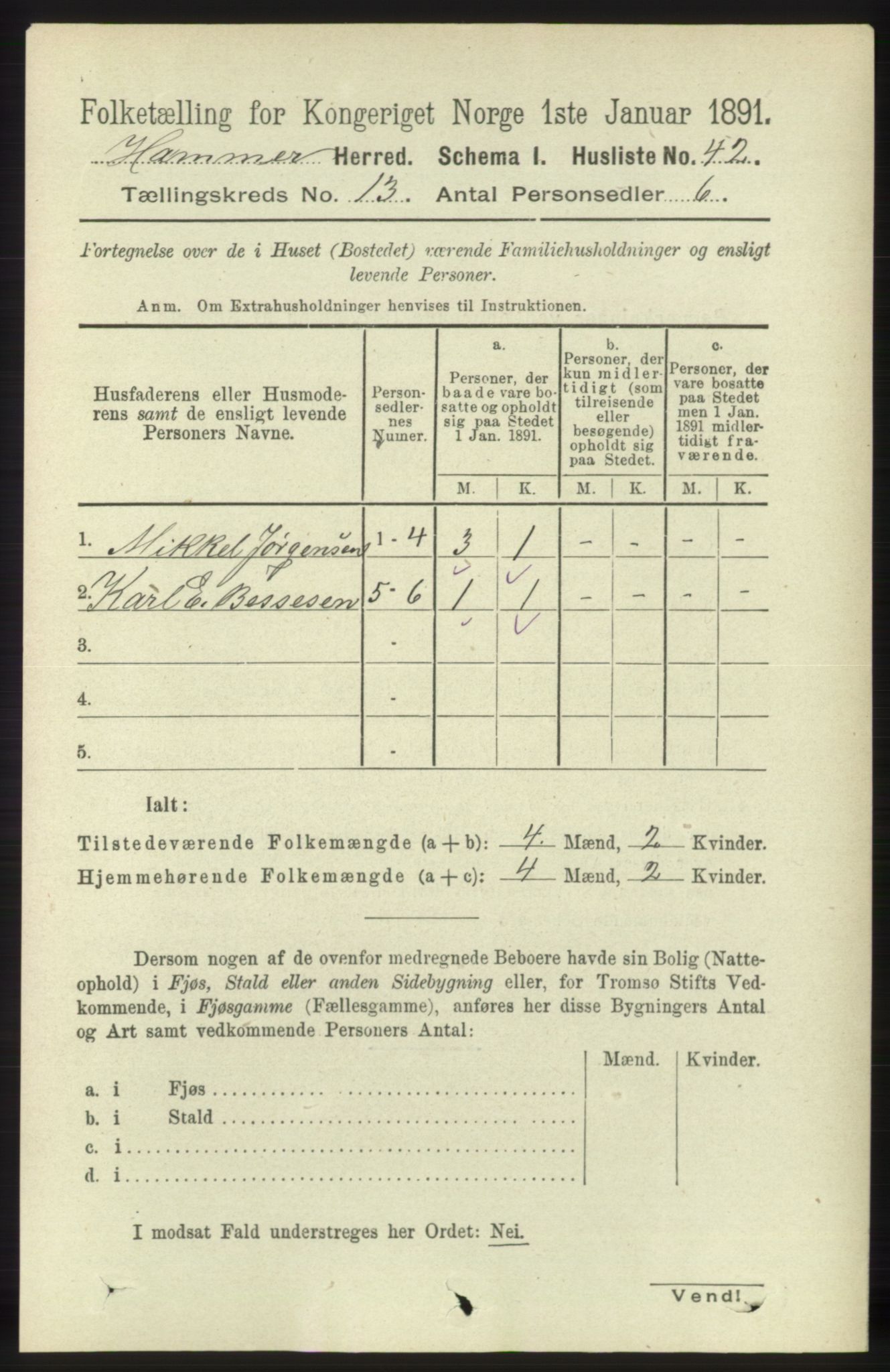 RA, 1891 census for 1254 Hamre, 1891, p. 3986