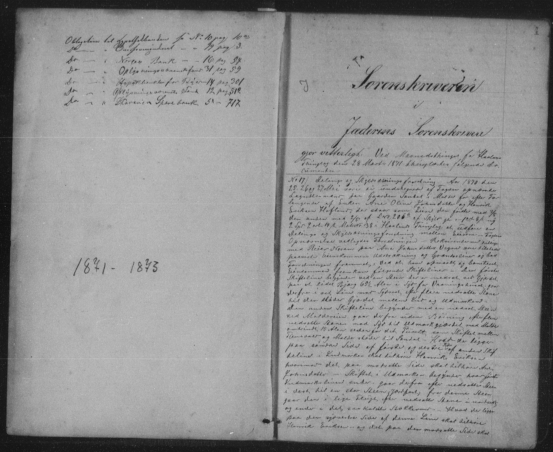 Jæren sorenskriveri, SAST/A-100310/01/4/41/41BF/L0002: Mortgage book no. 10, 1871-1873, p. 0-1