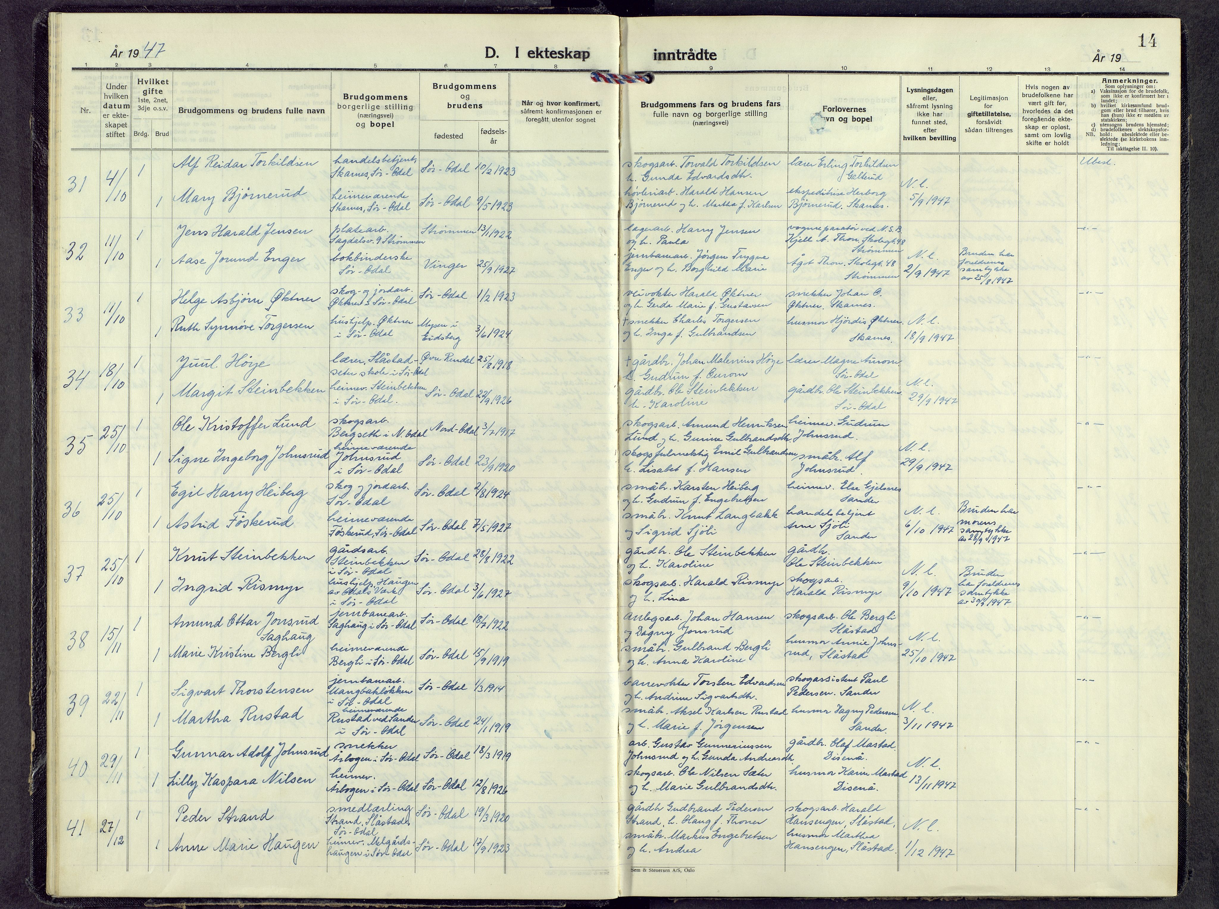 Sør-Odal prestekontor, SAH/PREST-030/H/Ha/Haa/L0015: Parish register (official) no. 15, 1945-1972, p. 14