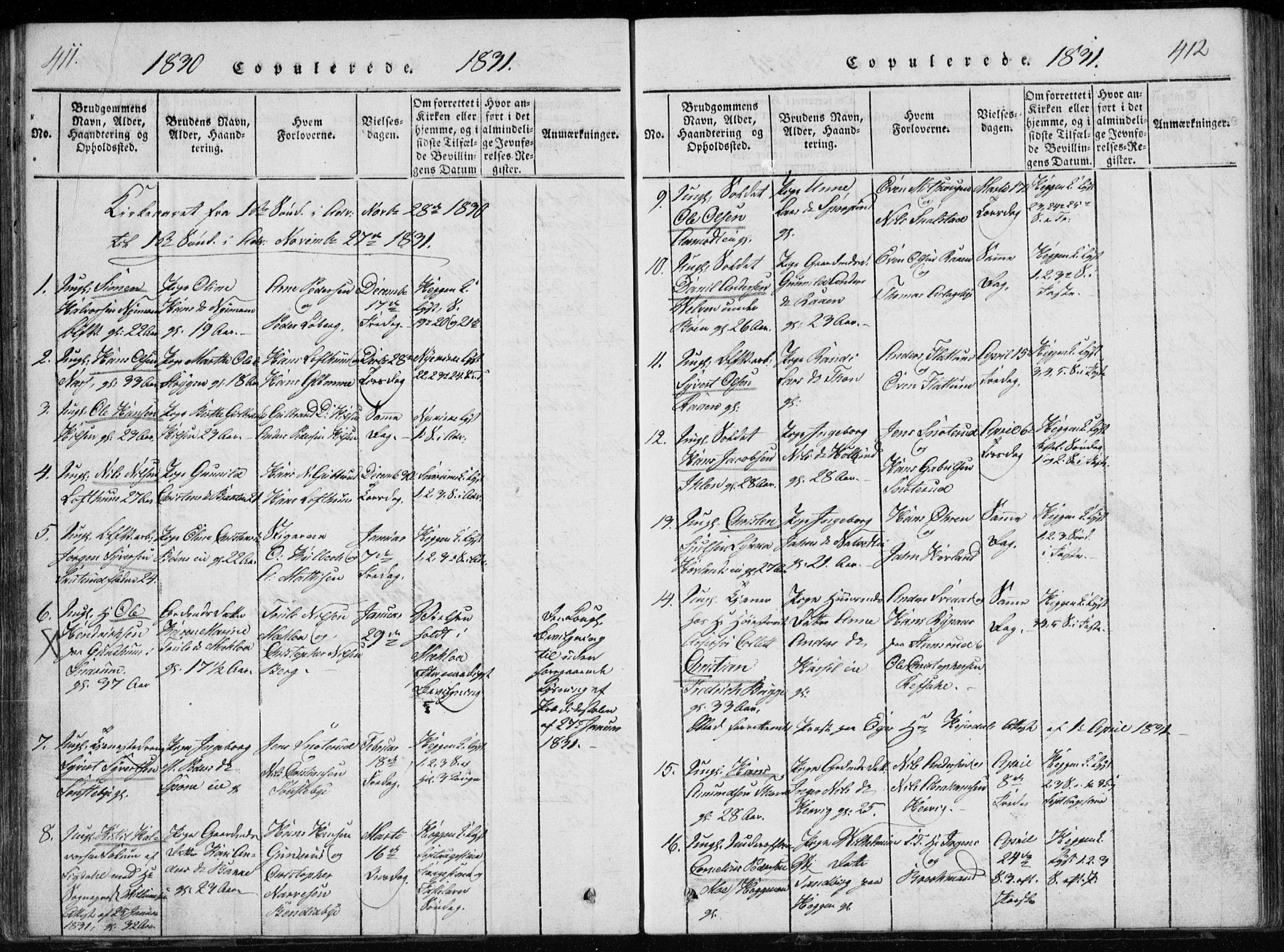 Modum kirkebøker, SAKO/A-234/G/Ga/L0002: Parish register (copy) no. I 2, 1824-1832, p. 411-412