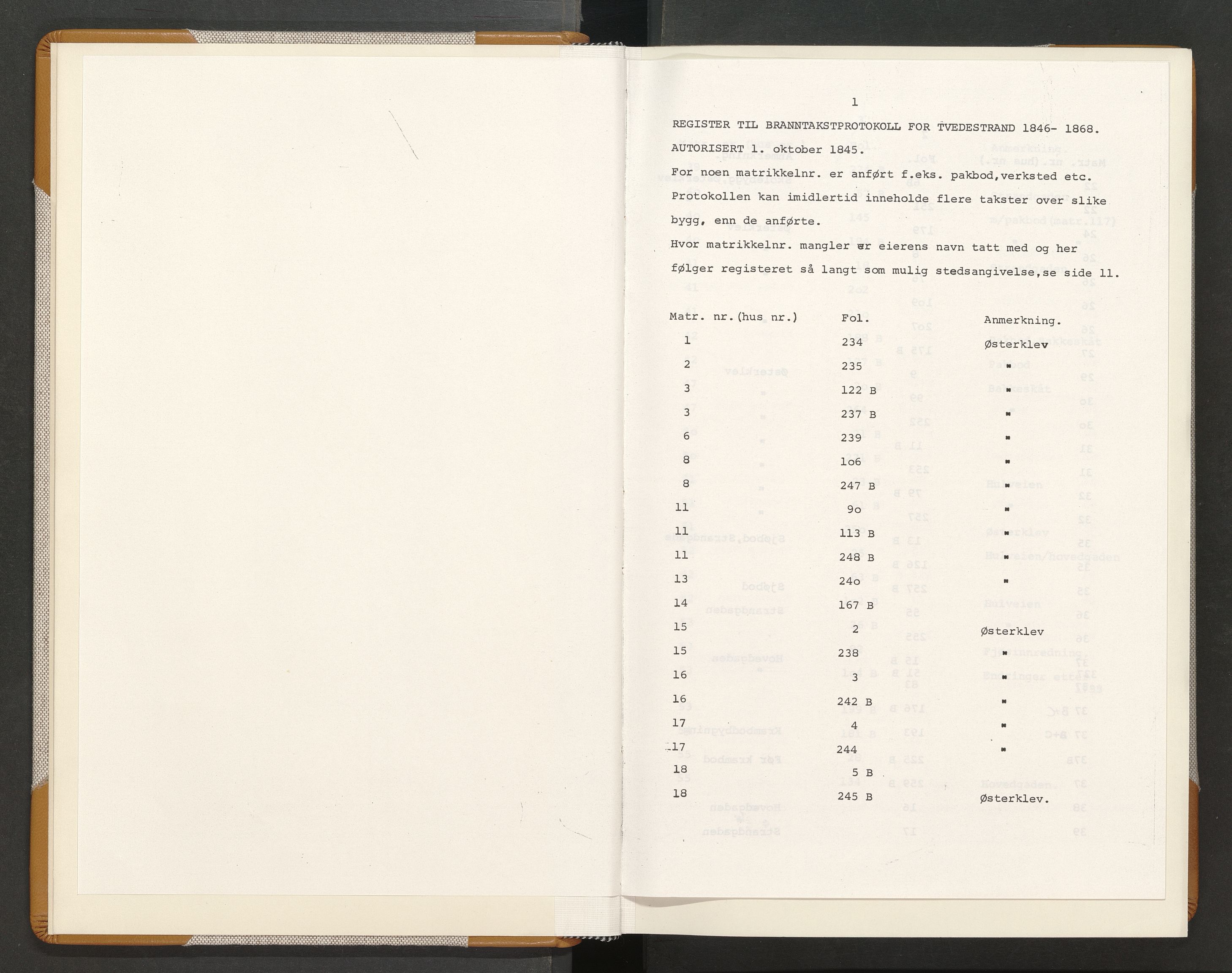 Norges Brannkasse Tvedestrand, AV/SAK-2241-0050/F/Fa/L0001: Branntakstprotokoll nr. 1 med matrikkelnummerregister, 1846-1868