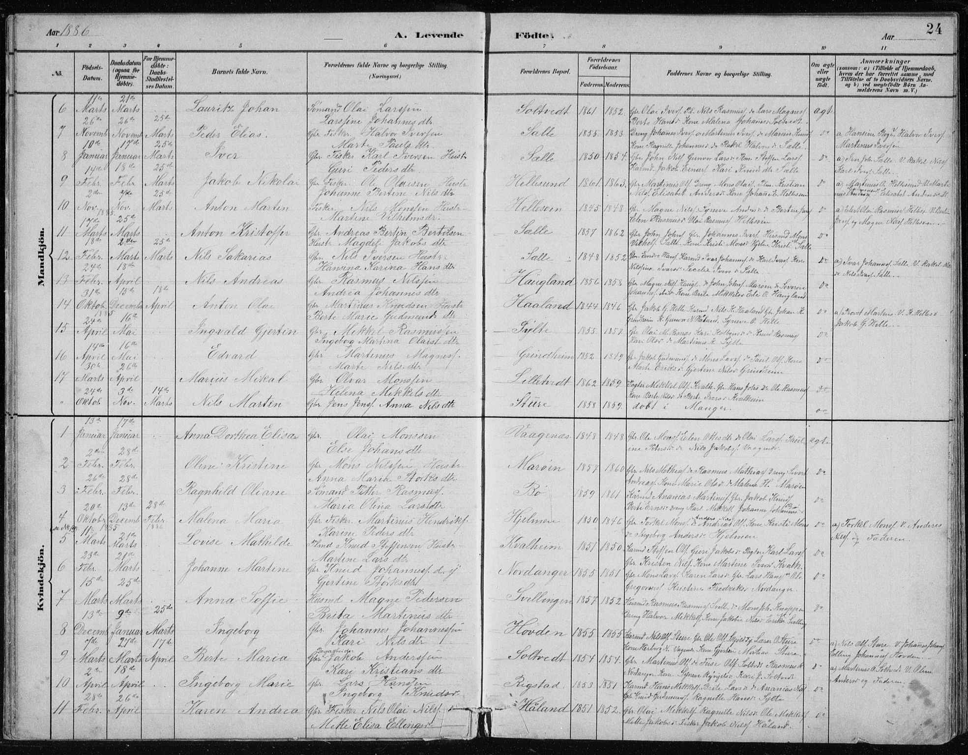 Manger sokneprestembete, AV/SAB-A-76801/H/Hab: Parish register (copy) no. B 2, 1882-1890, p. 24