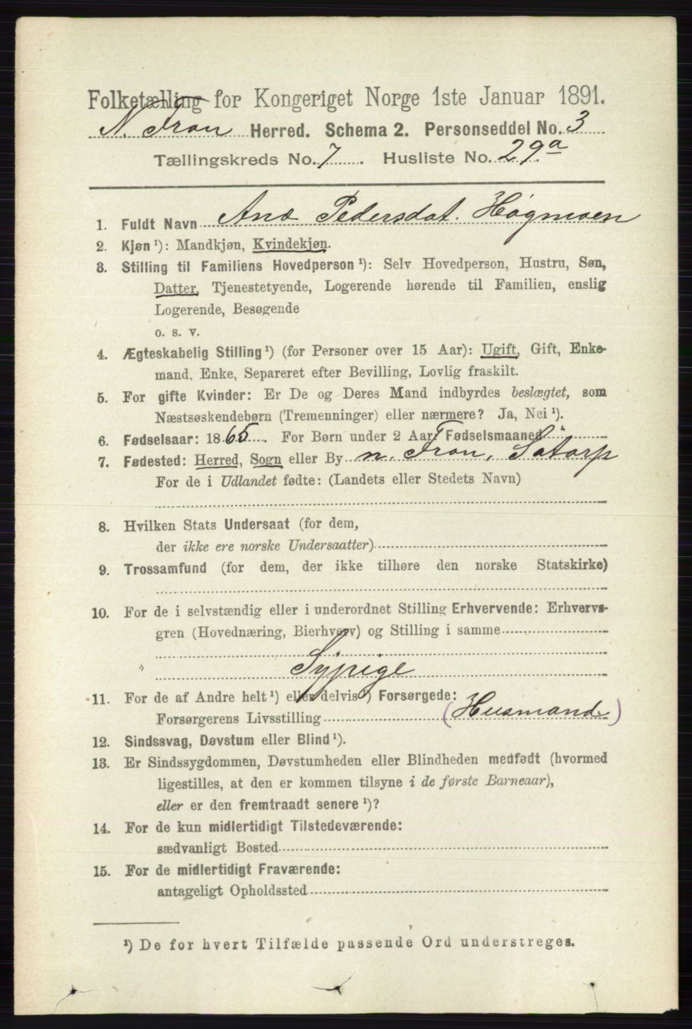 RA, 1891 census for 0518 Nord-Fron, 1891, p. 3016