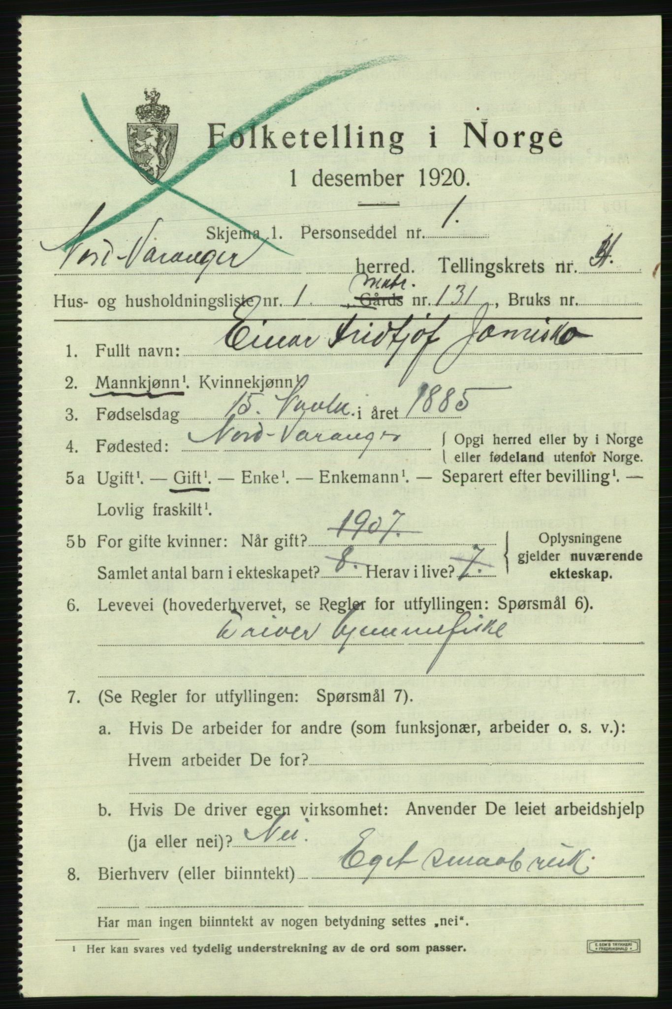 SATØ, 1920 census for Nord-Varanger, 1920, p. 1666