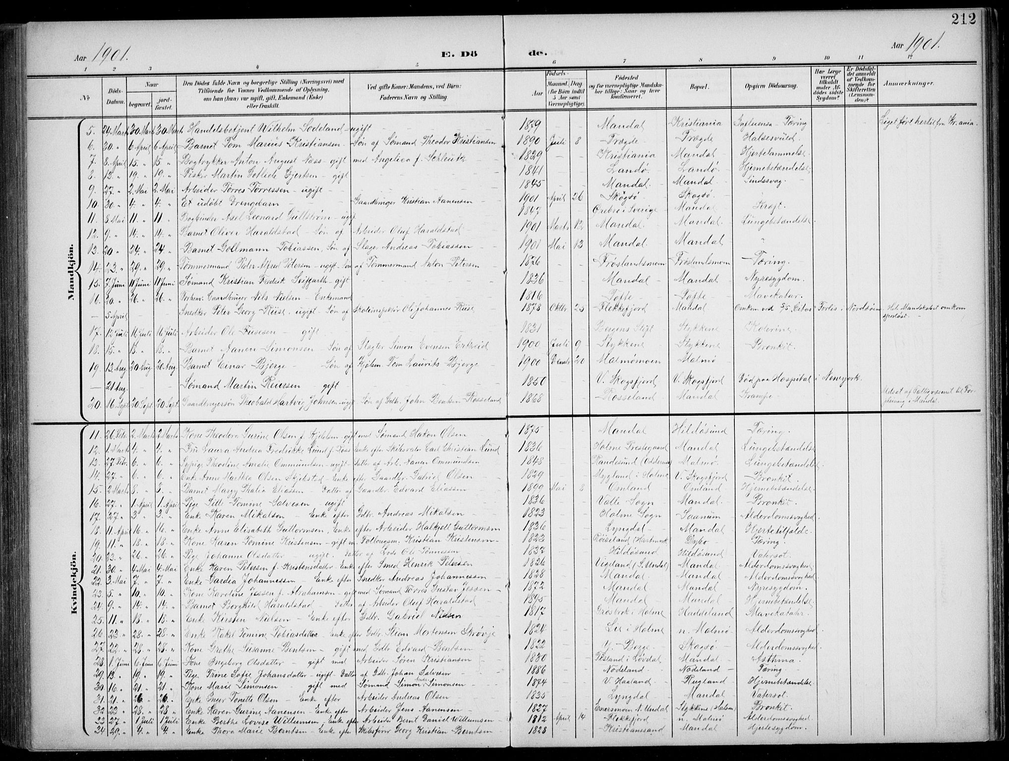 Mandal sokneprestkontor, AV/SAK-1111-0030/F/Fb/Fba/L0012: Parish register (copy) no. B 6, 1899-1918, p. 212