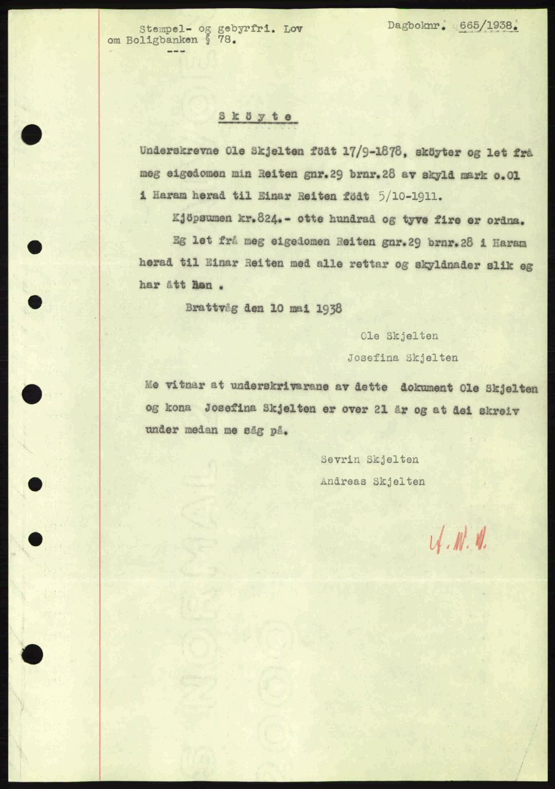 Nordre Sunnmøre sorenskriveri, AV/SAT-A-0006/1/2/2C/2Ca: Mortgage book no. A4, 1937-1938, Diary no: : 665/1938