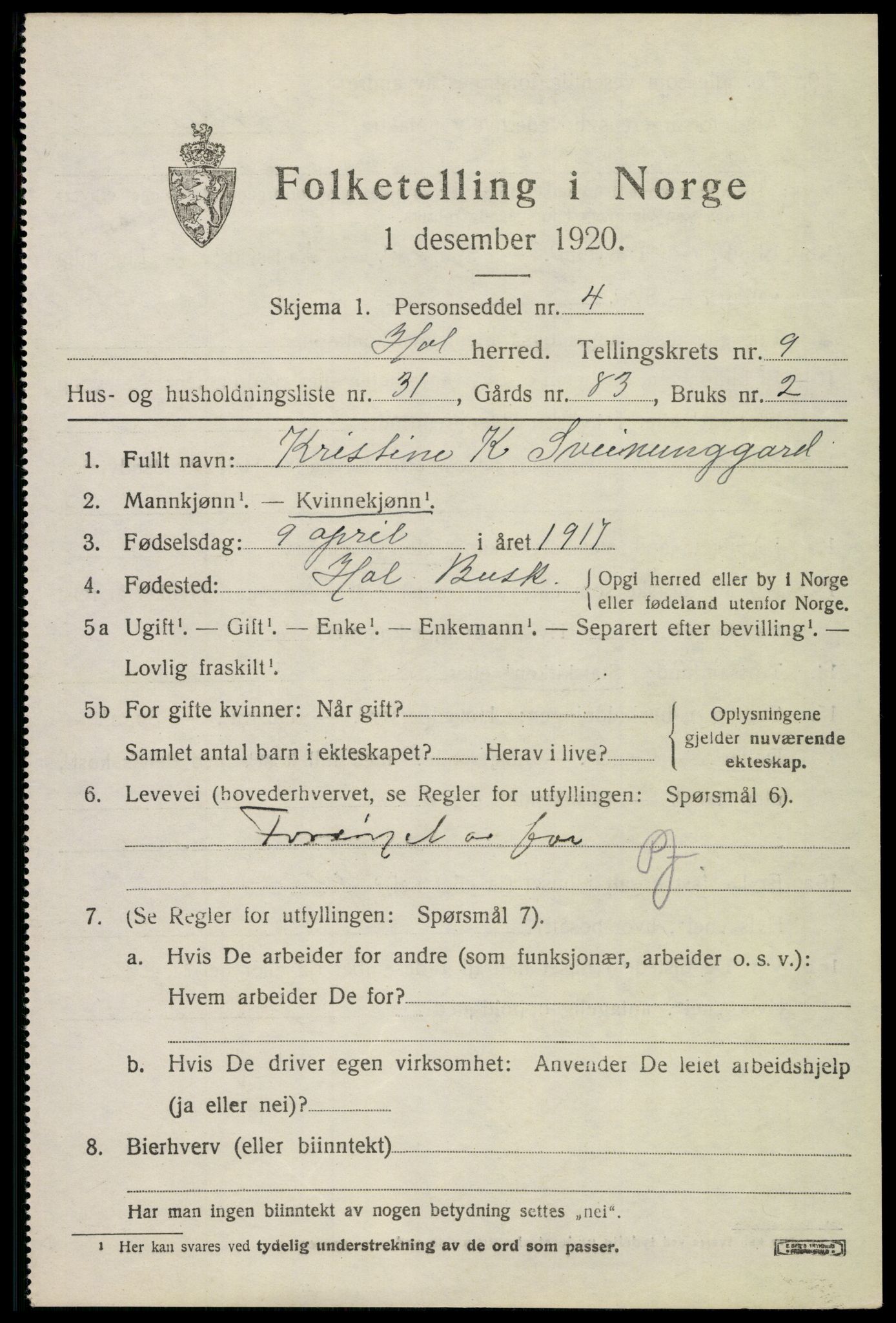 SAKO, 1920 census for Hol (Buskerud), 1920, p. 5301