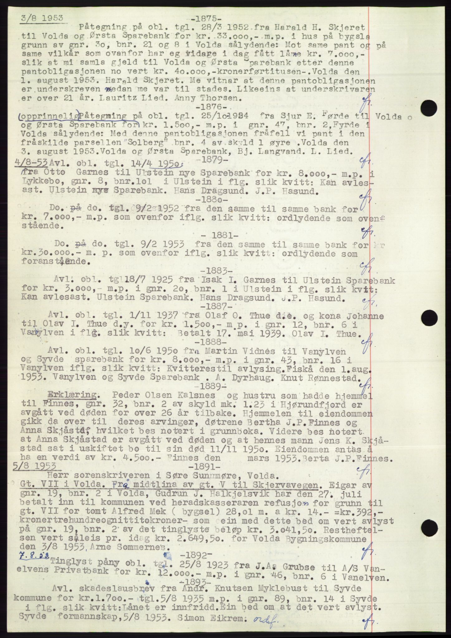 Søre Sunnmøre sorenskriveri, AV/SAT-A-4122/1/2/2C/L0072: Mortgage book no. 66, 1941-1955, Diary no: : 1875/1953