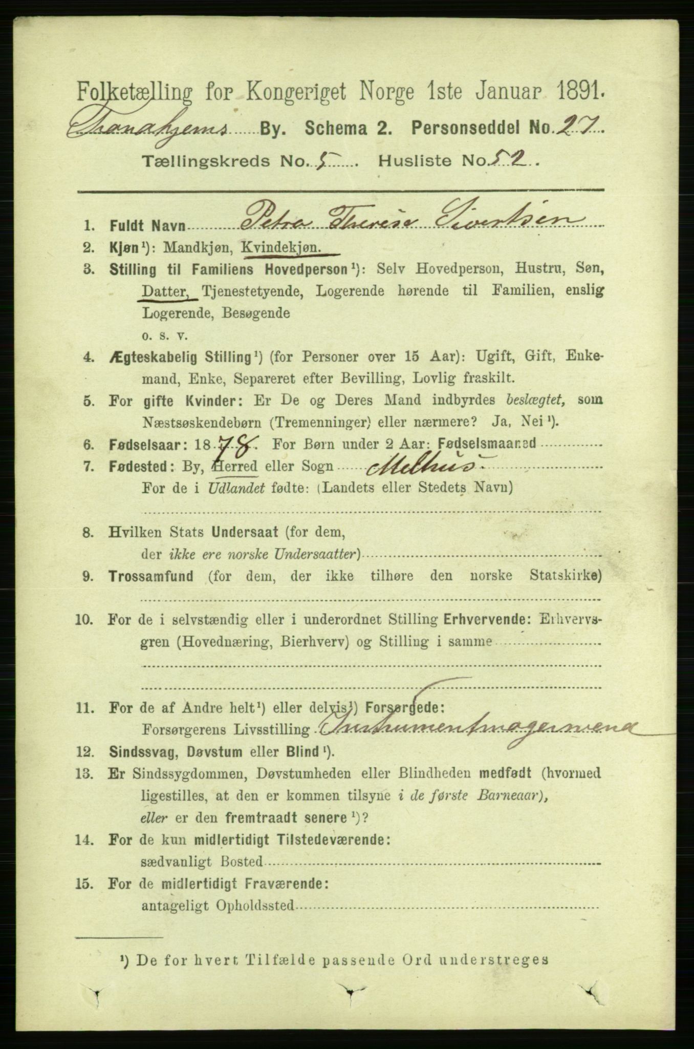 RA, 1891 census for 1601 Trondheim, 1891, p. 5324